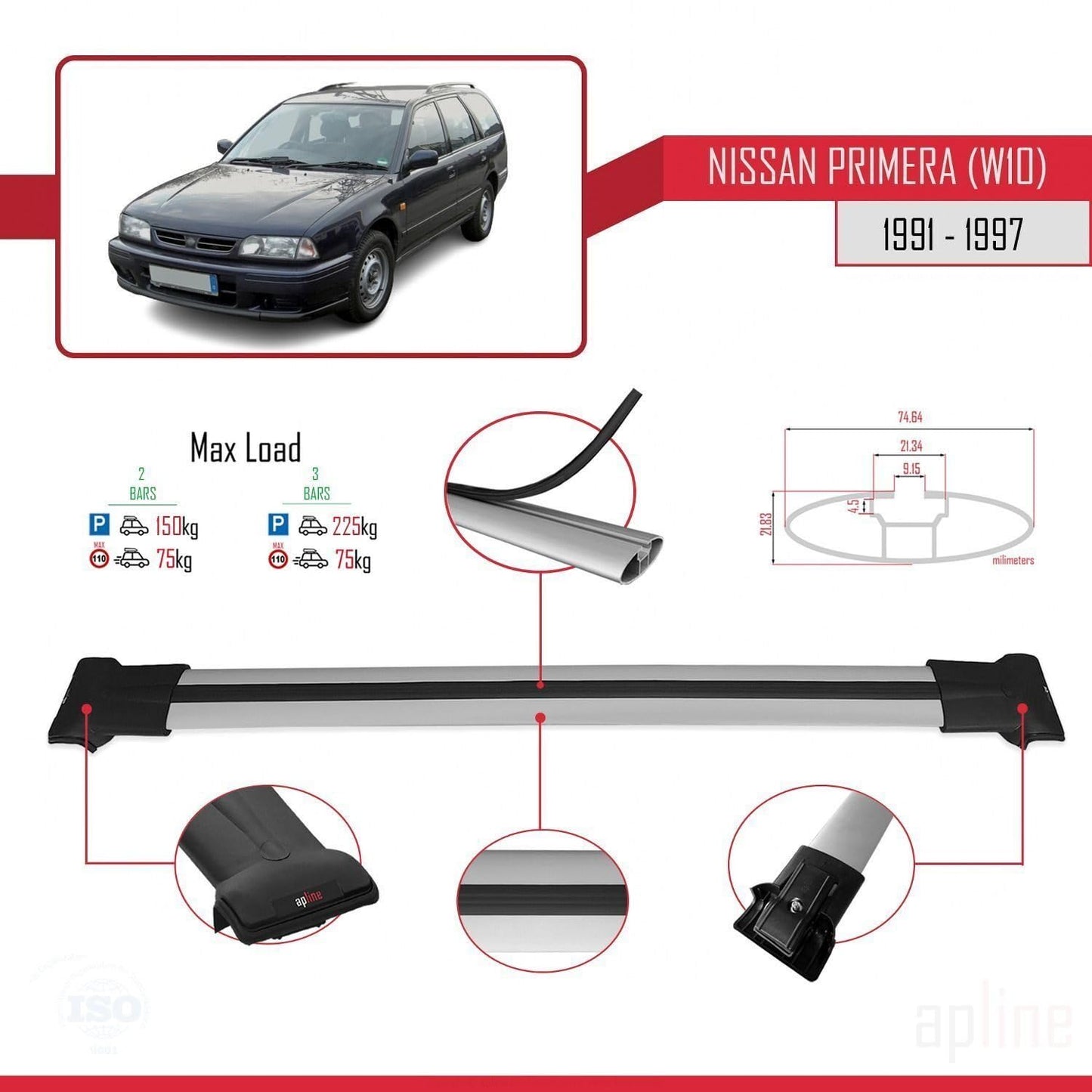 Compatible with Nissan Primera (W10) Traveller 1991-1997 Fly Model Car Roof Rack Cross Bar Grey Aluminium 2 Bars