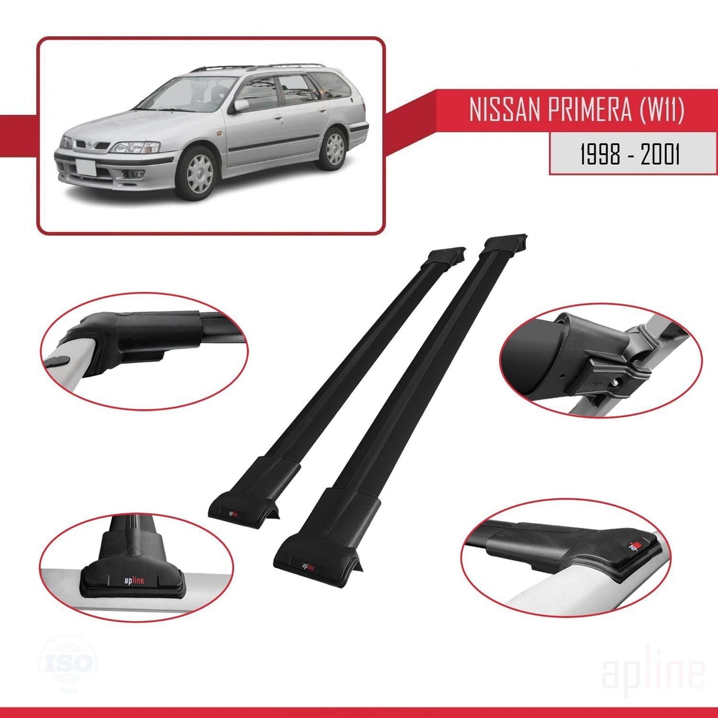 Compatible with Nissan Primera 2 (W11) Traveller 1998-2001 Fly Model Car Roof Rack Cross Bar Black Aluminium 2 Bars