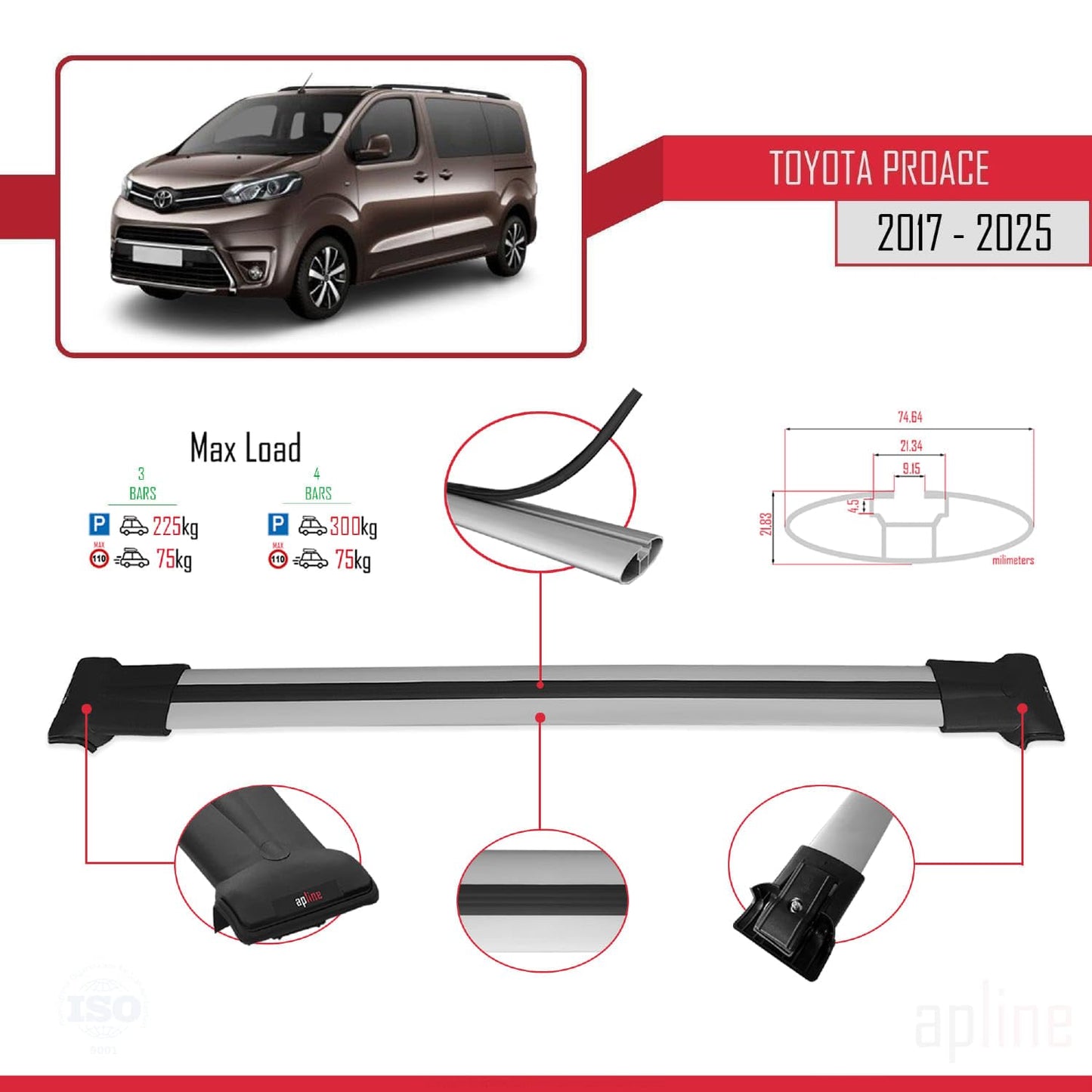 Compatible with Toyota Proace 2017-2025 Fly Model Car Roof Rack Cross Bar Grey Aluminium 4 Bars