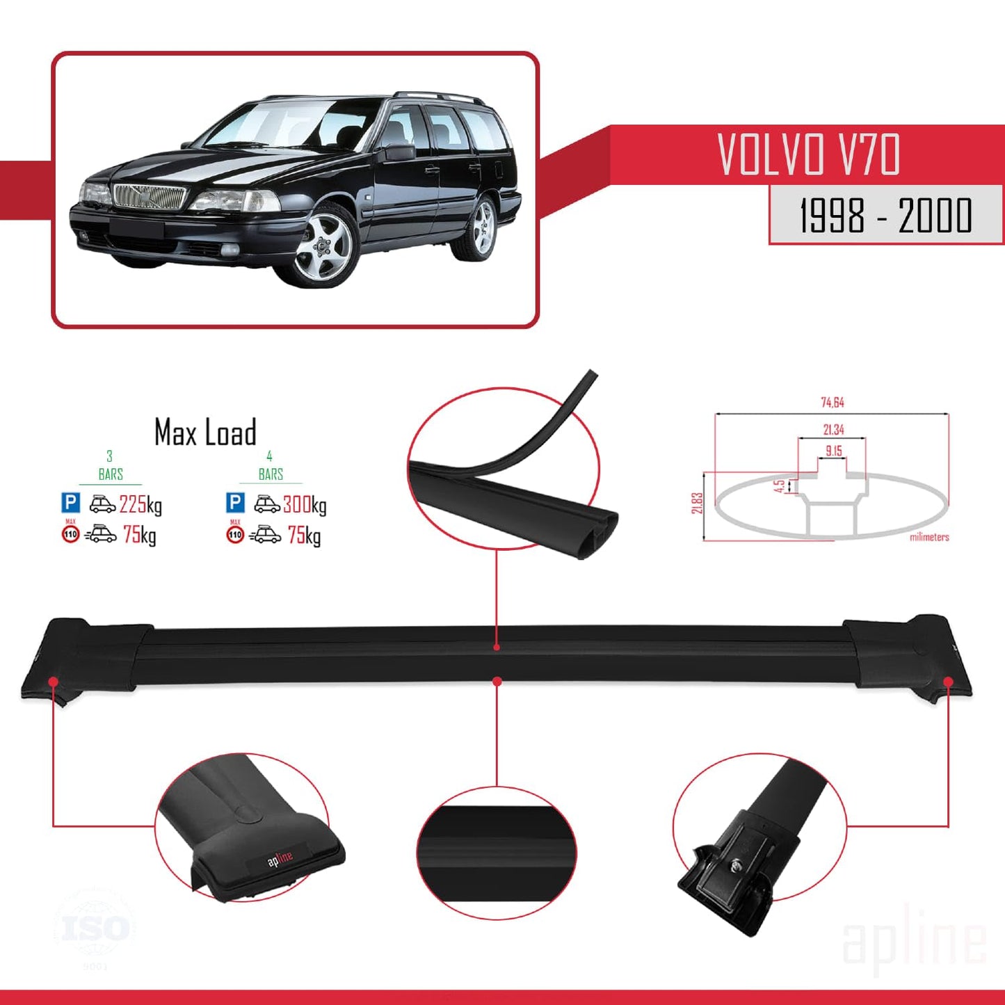 Compatible with Volvo V70 1998-2000 Fly Model Car Roof Rack Cross Bar Black Aluminium 3 Bars
