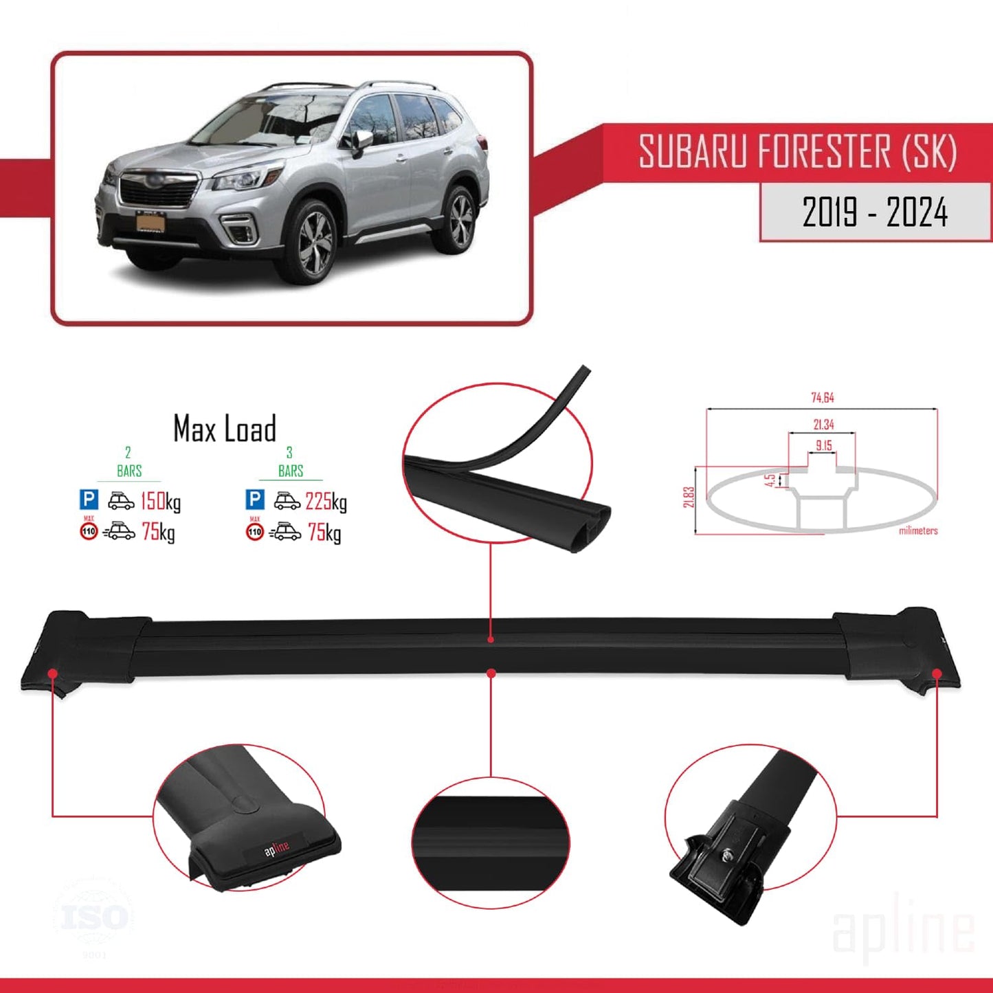 Compatible with Subaru Forester 5 (SK) 2019-2024 Fly Model Car Roof Rack Cross Bar Black Aluminium 2 Bars