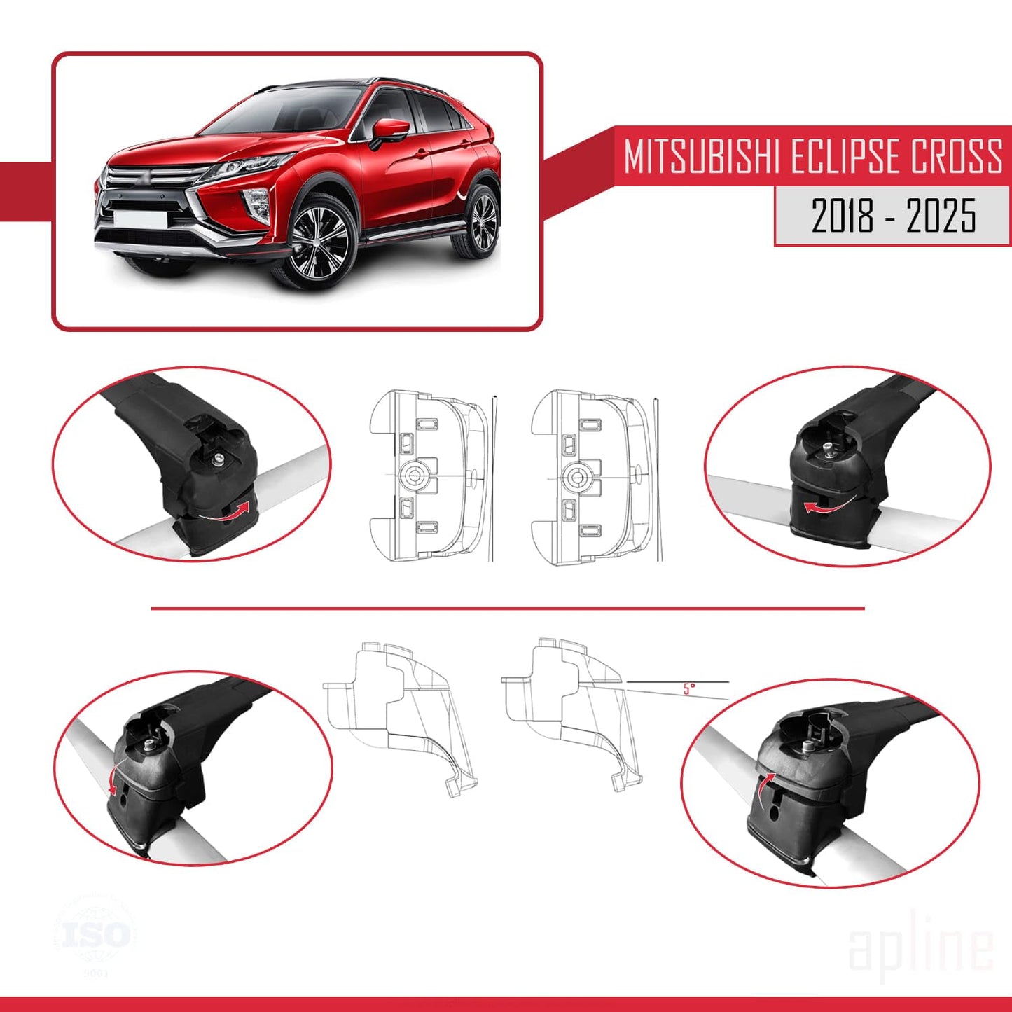 Compatible with Mitsubishi Eclipse Cross (GK) 2018-2025 ACE-2 Car Roof Rack Cross Bar Black Aluminium 2 Bars