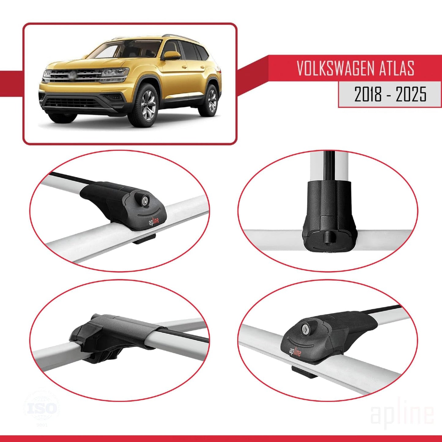 Compatible with Volkswagen Atlas (CA1) 2018-2025 ACE-1 Car Roof Rack Cross Bar Grey Aluminium 3 Bars