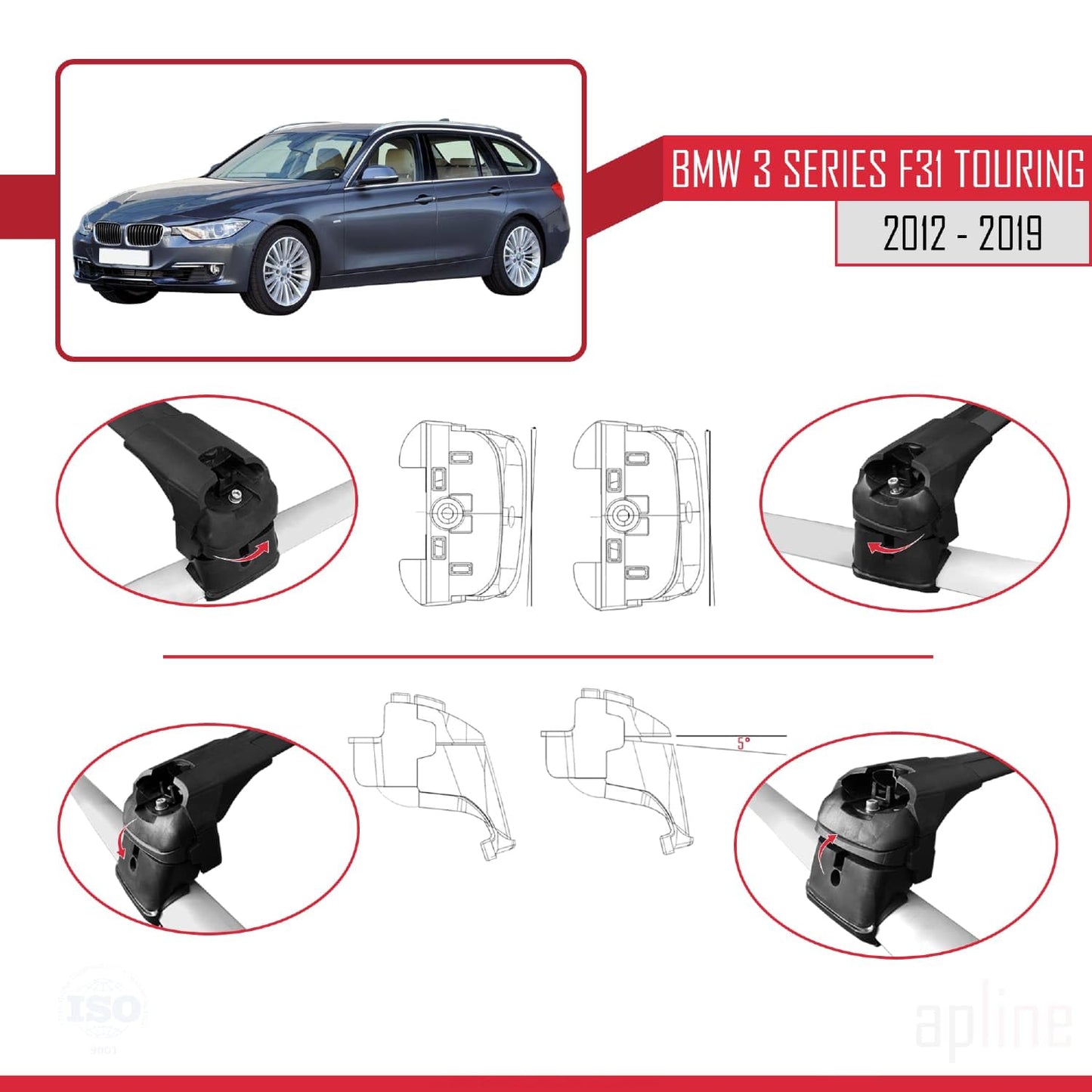 Compatible with BMW 3 Series (F31) Touring 2012-2019 ACE-2 Car Roof Rack Cross Bar Black Aluminium 2 Bars