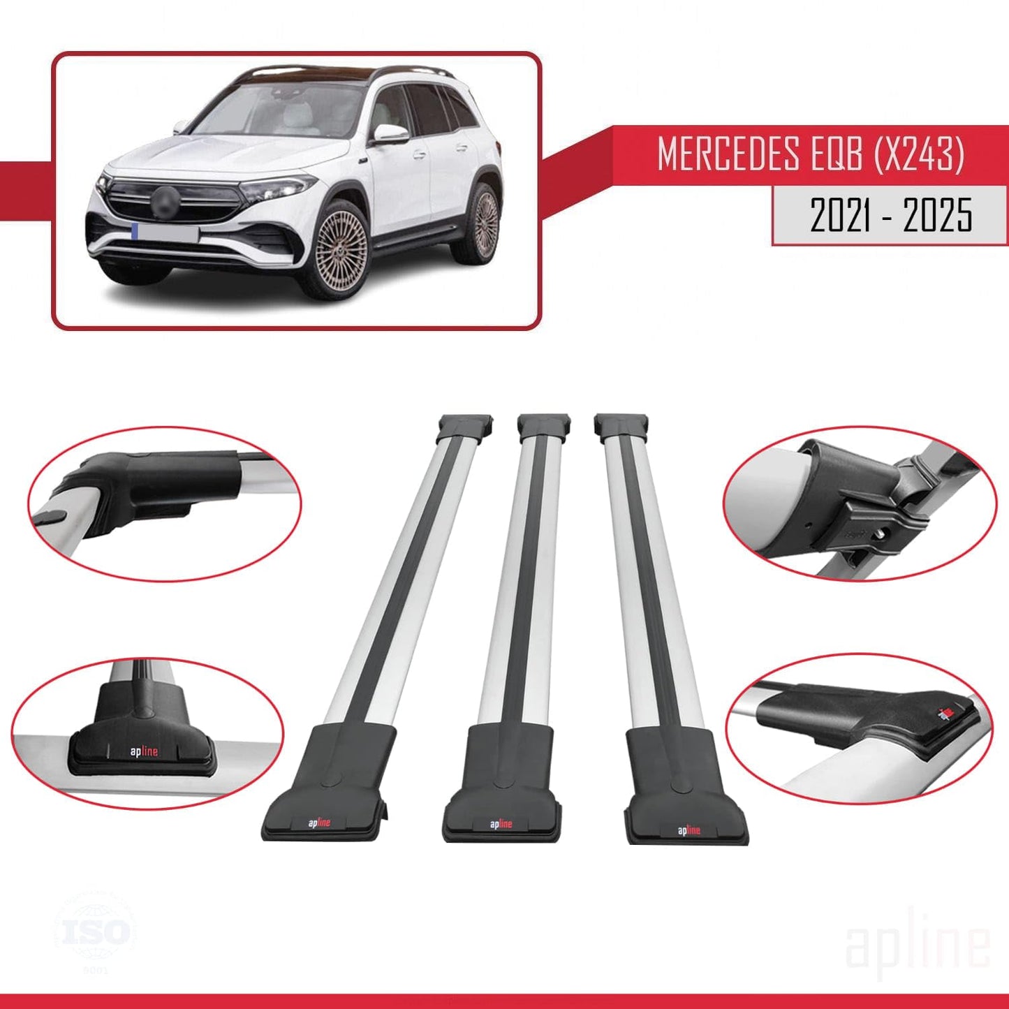 Compatible with Mercedes EQB (X243) 2021-2025 Fly Model Car Roof Rack Cross Bar Grey Aluminium 3 Bars