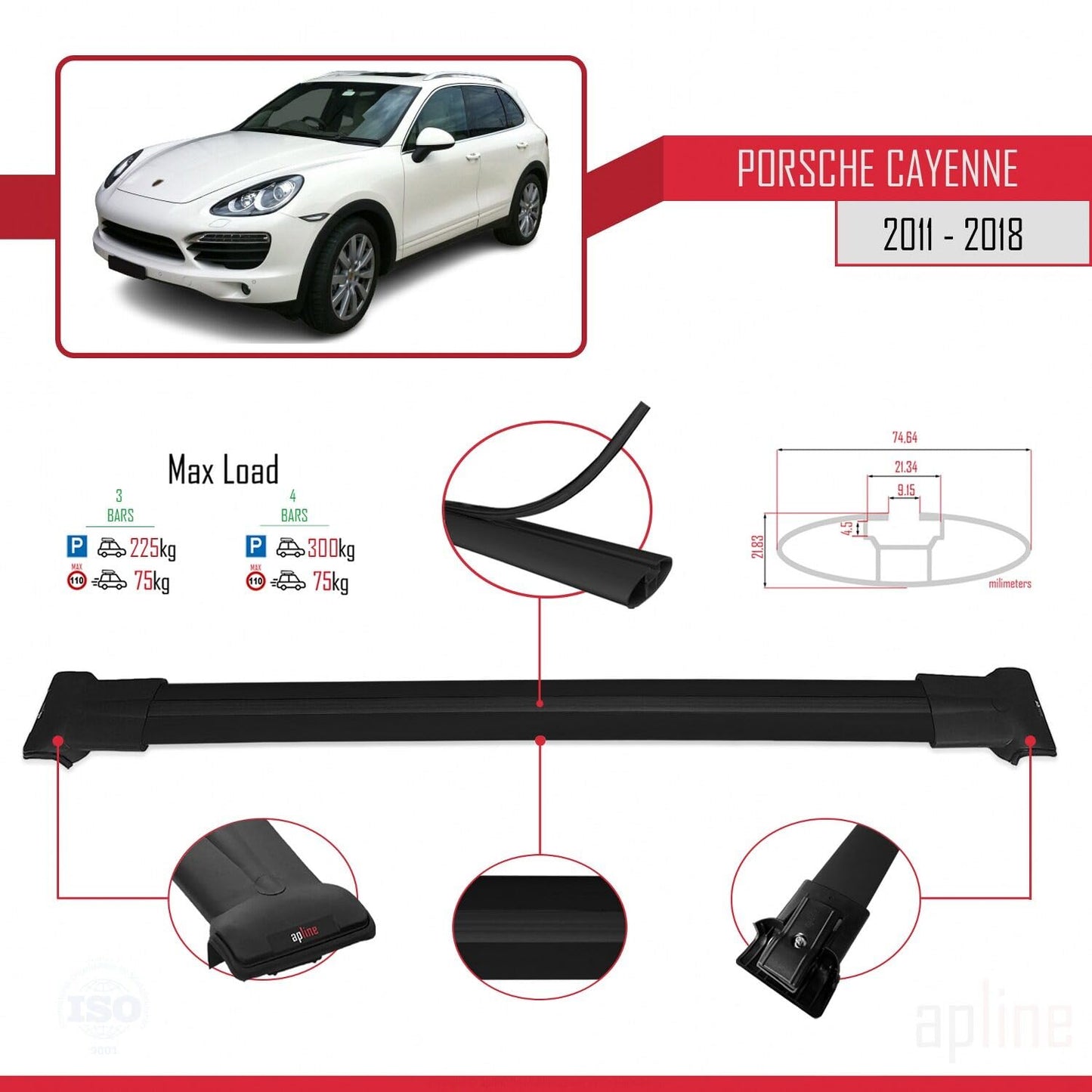Compatible with Porsche Cayenne 2 (92A) 2011-2018 Fly Model Car Roof Rack Cross Bar Black Aluminium 3 Bars