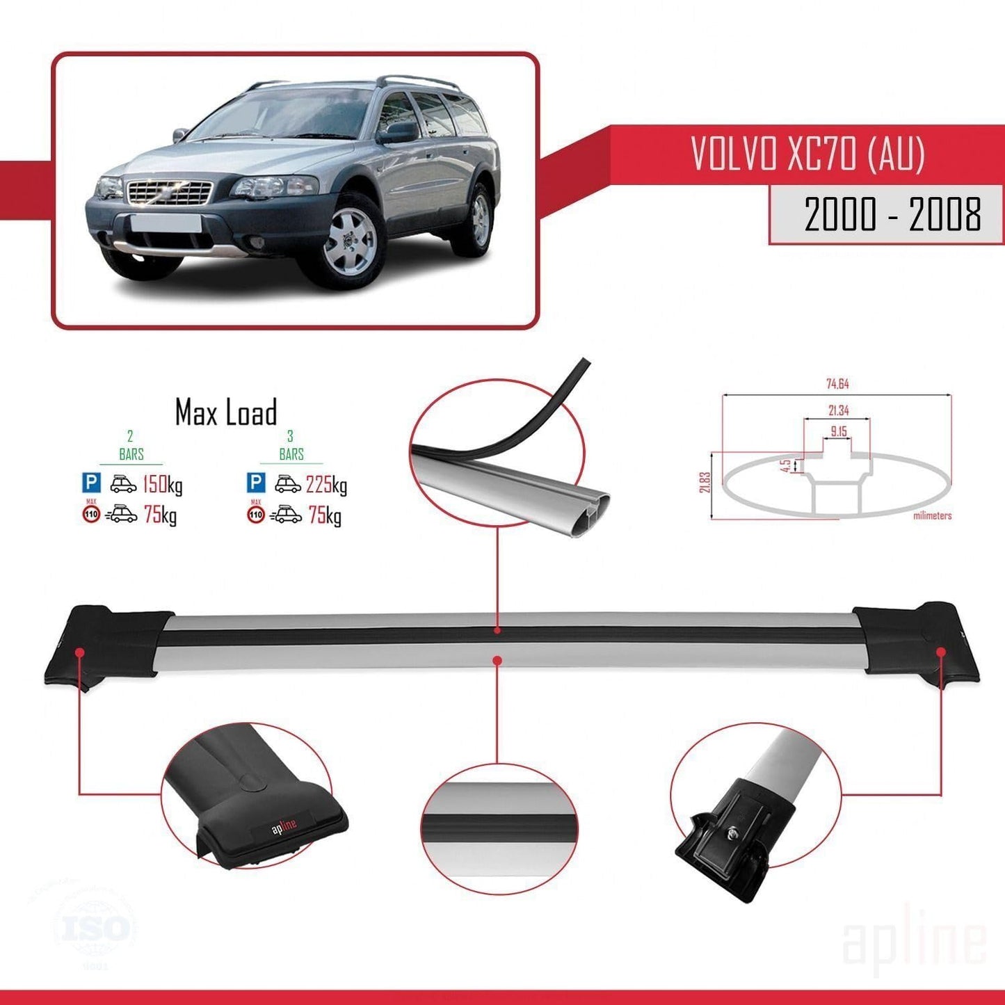 Compatible with Volvo XC70 (P2) 2000-2007 Fly Model Car Roof Rack Cross Bar Grey Aluminium 2 Bars
