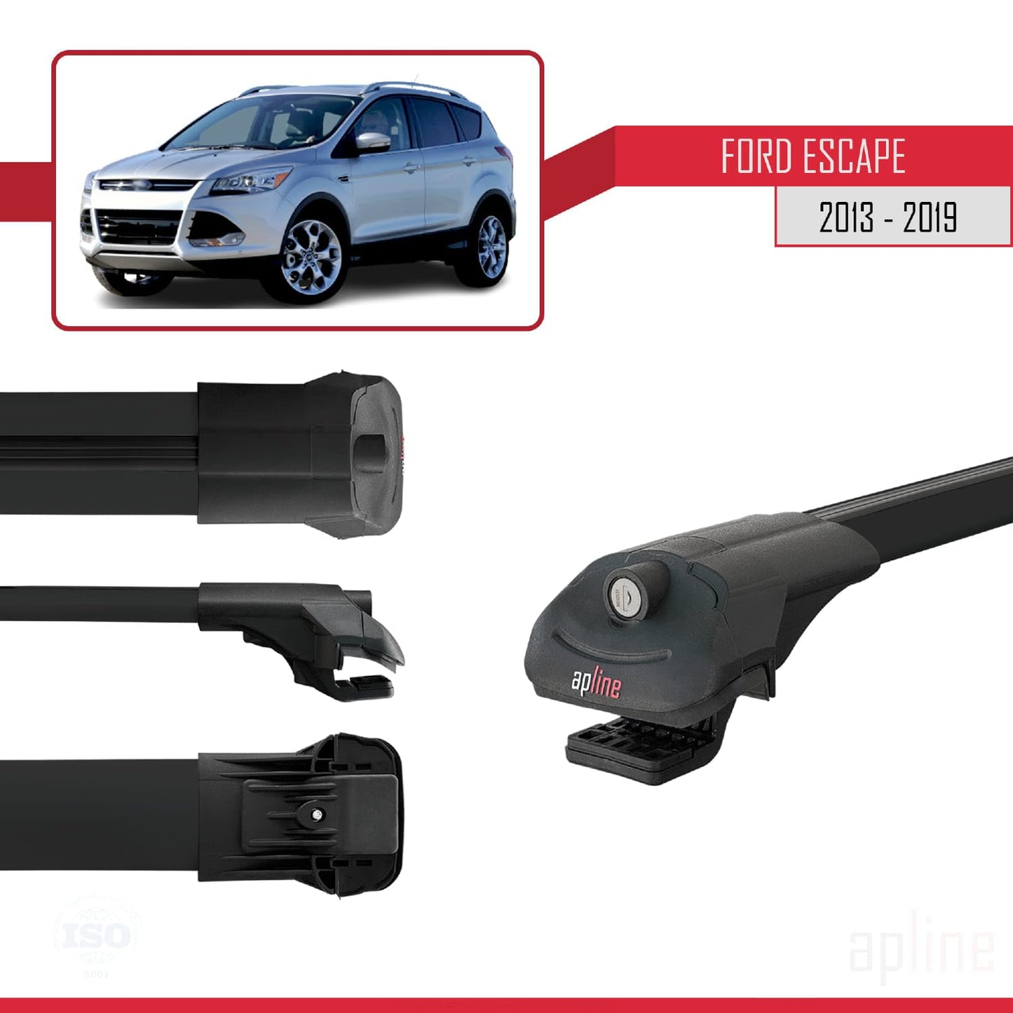 Compatible with Ford Escape 3 2013-2019 ACE-1 Car Roof Rack Cross Bar Black Aluminium 3 Bars