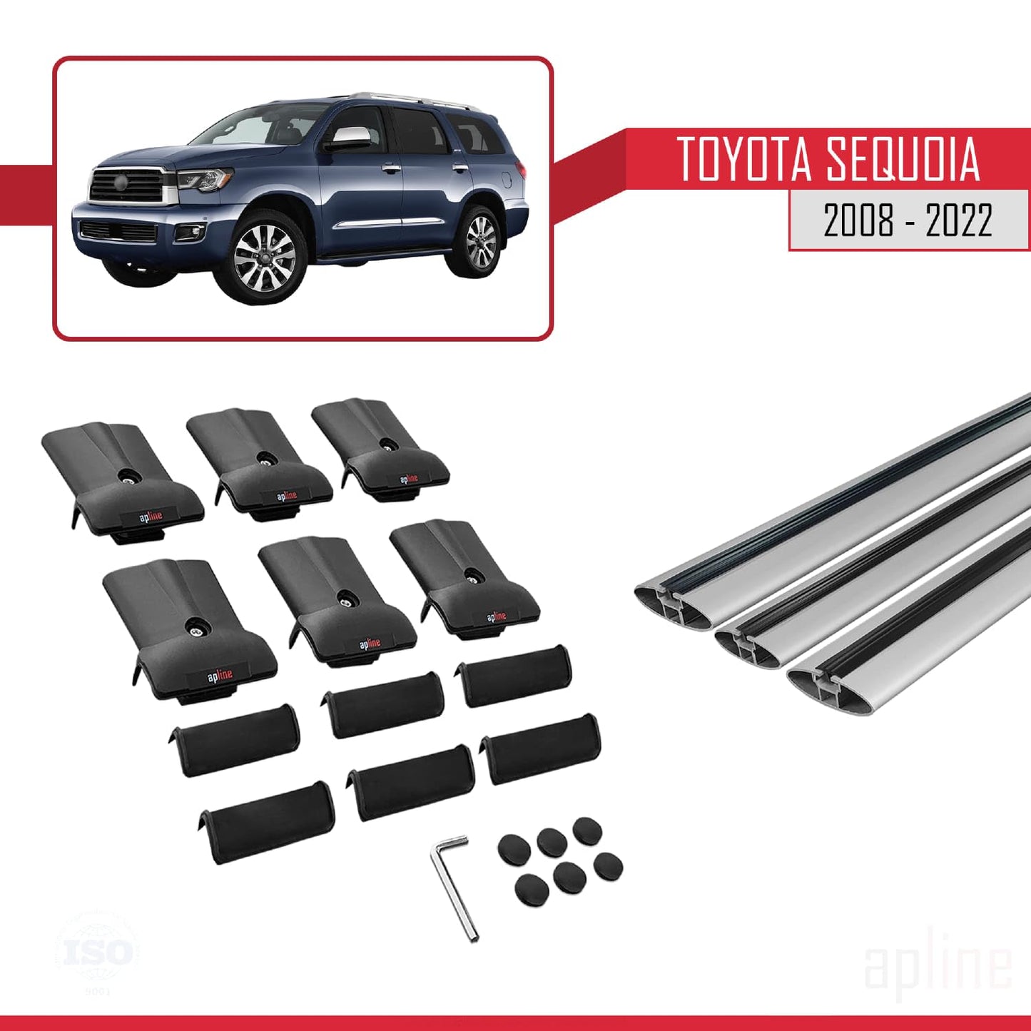 Compatible with Toyota Sequoia 2008-2022 Fly Model Car Roof Rack Cross Bar Grey Aluminium 3 Bars