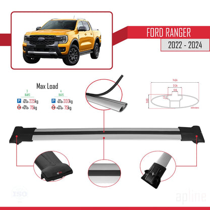 Compatible with Ford Ranger (P703) 2022-2024 Fly Model Car Roof Rack Cross Bar Grey Aluminium 3 Bars