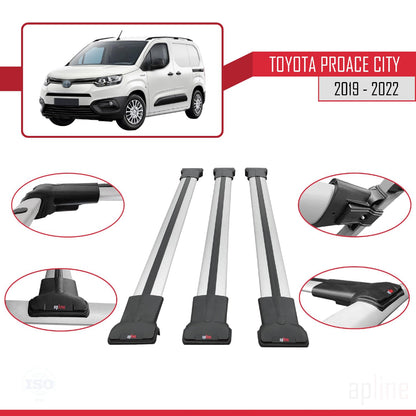 Compatible with Toyota Proace City 2019-2022 Fly Model Car Roof Rack Cross Bar Grey Aluminium 3 Bars