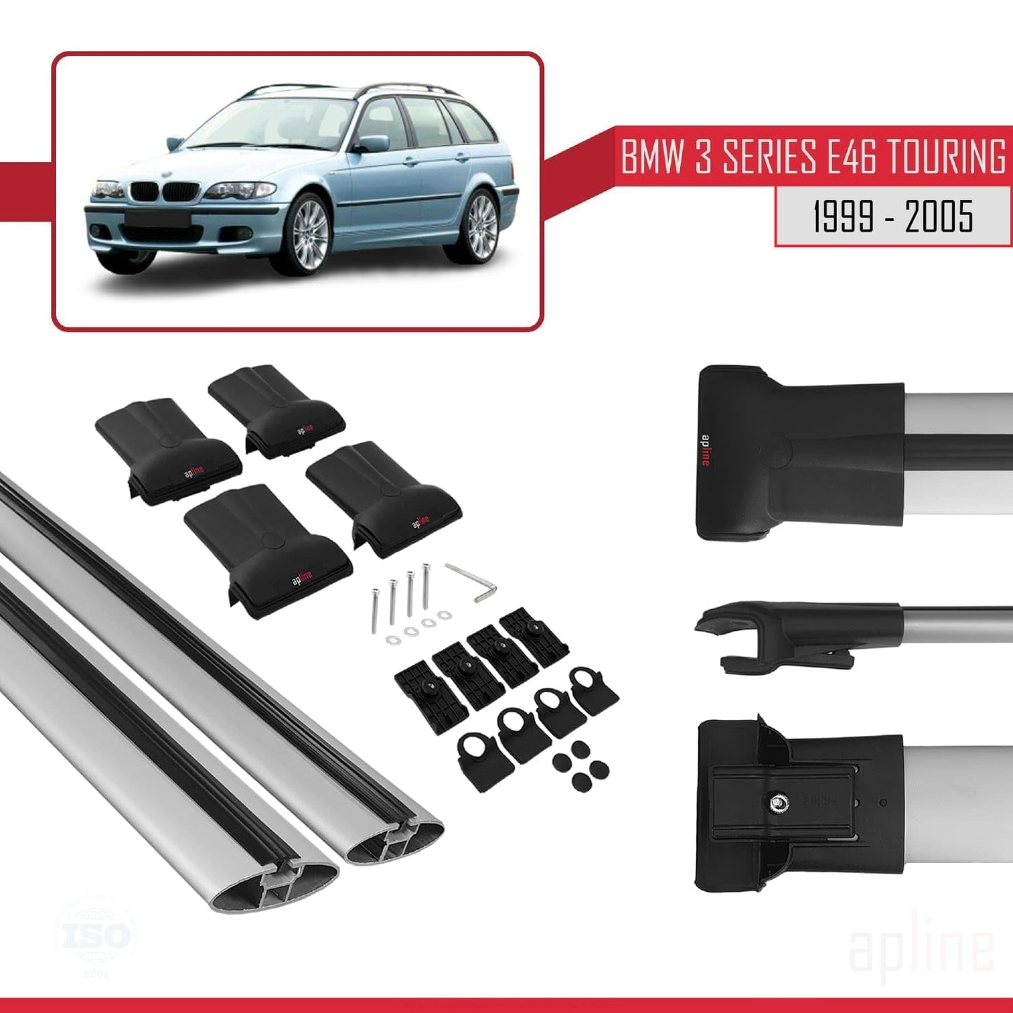 Compatible with BMW 3 Series (E46) Touring 1999-2005 Fly Model Car Roof Rack Cross Bar Grey Aluminium 2 Bars