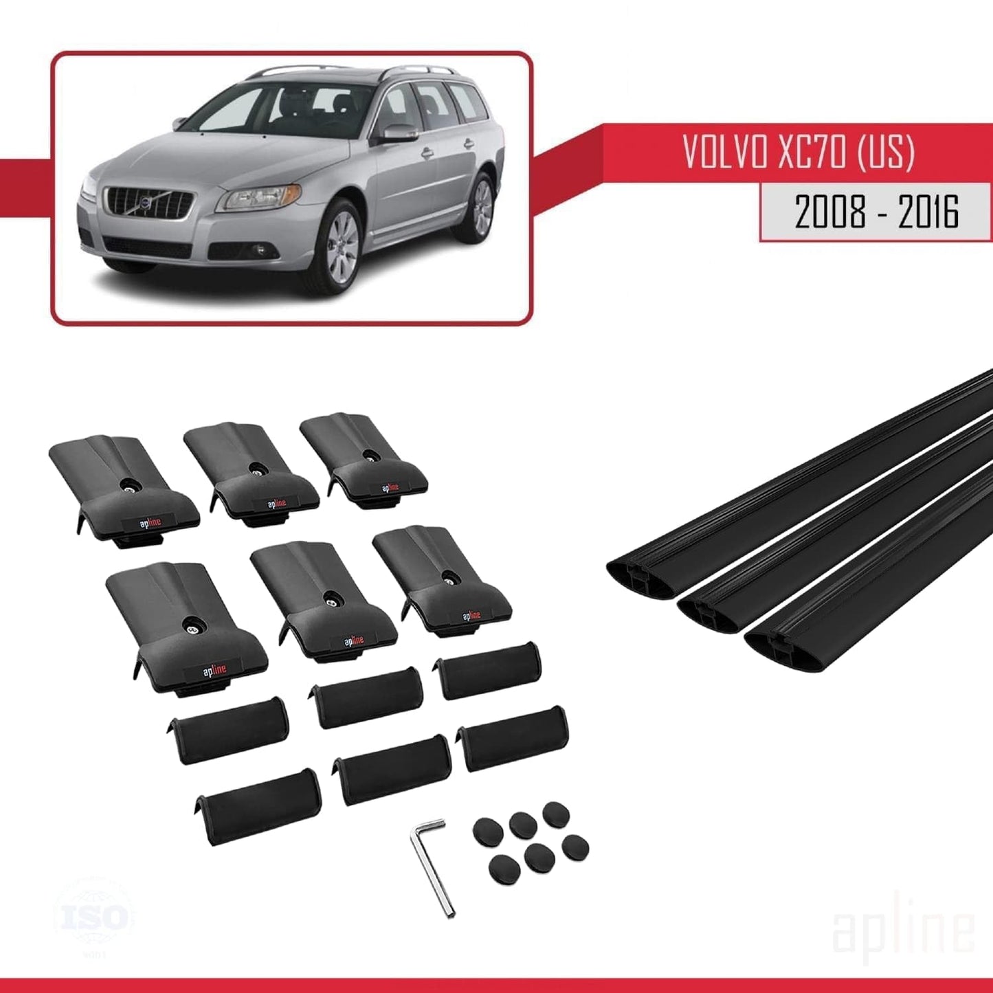 Compatible with Volvo XC70 II (P24) 2008-2016 Fly Model Car Roof Rack Cross Bar Black Aluminium 3 Bars