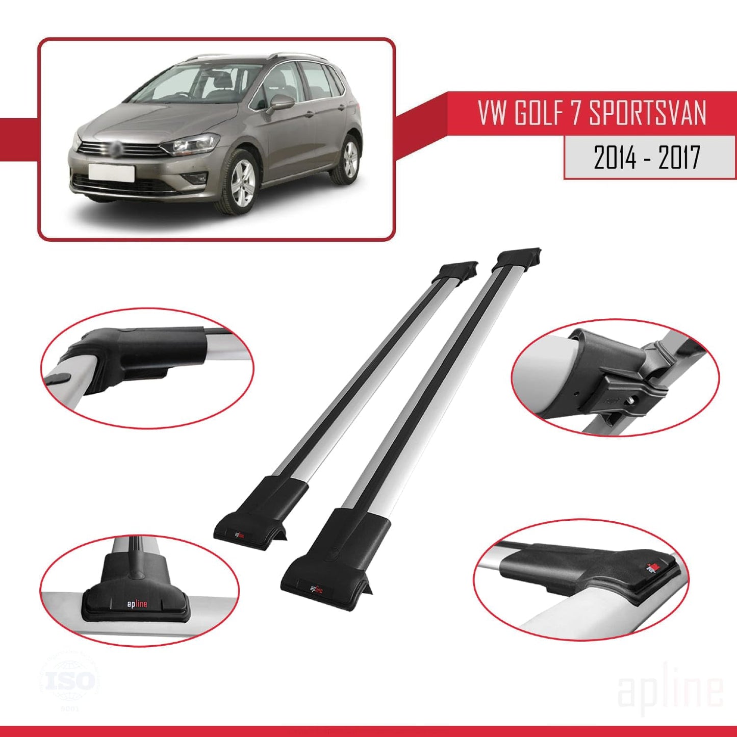 Compatible with Volkswagen Golf Sportvan 2014-2017 Fly Model Car Roof Rack Cross Bar Grey Aluminium 2 Bars