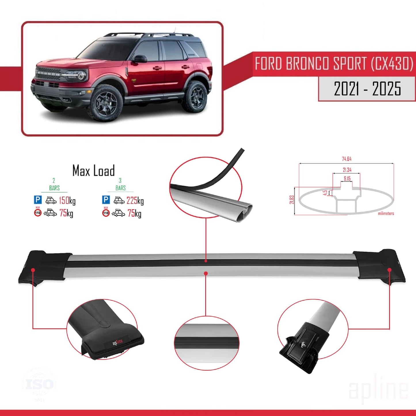 Compatible with Ford Bronco Sport (CX430) 2021-2025 Fly Model Car Roof Rack Cross Bar Grey Aluminium 2 Bars