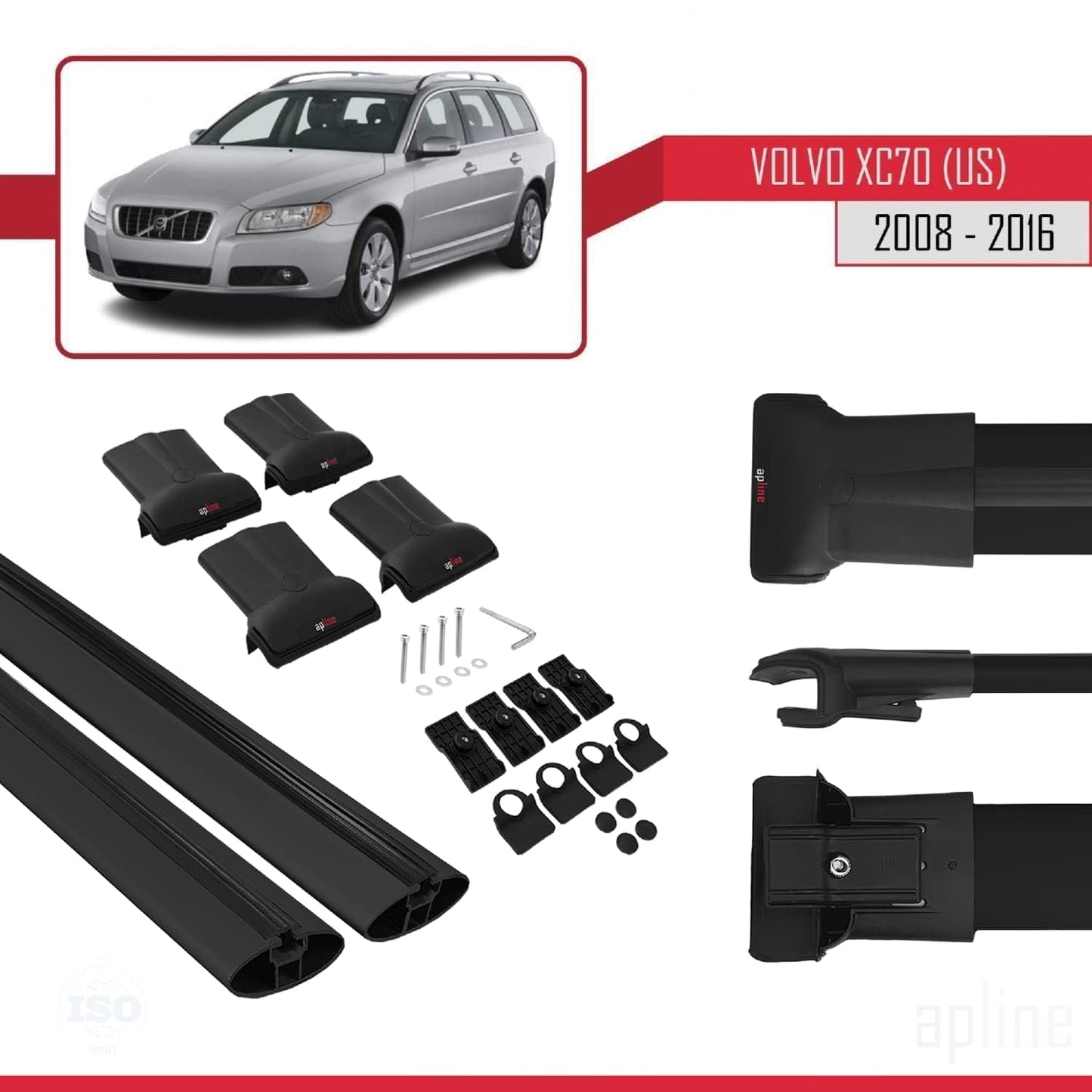 Compatible with Volvo XC70 II (P24) 2008-2016 Fly Model Car Roof Rack Cross Bar Black Aluminium 2 Bars