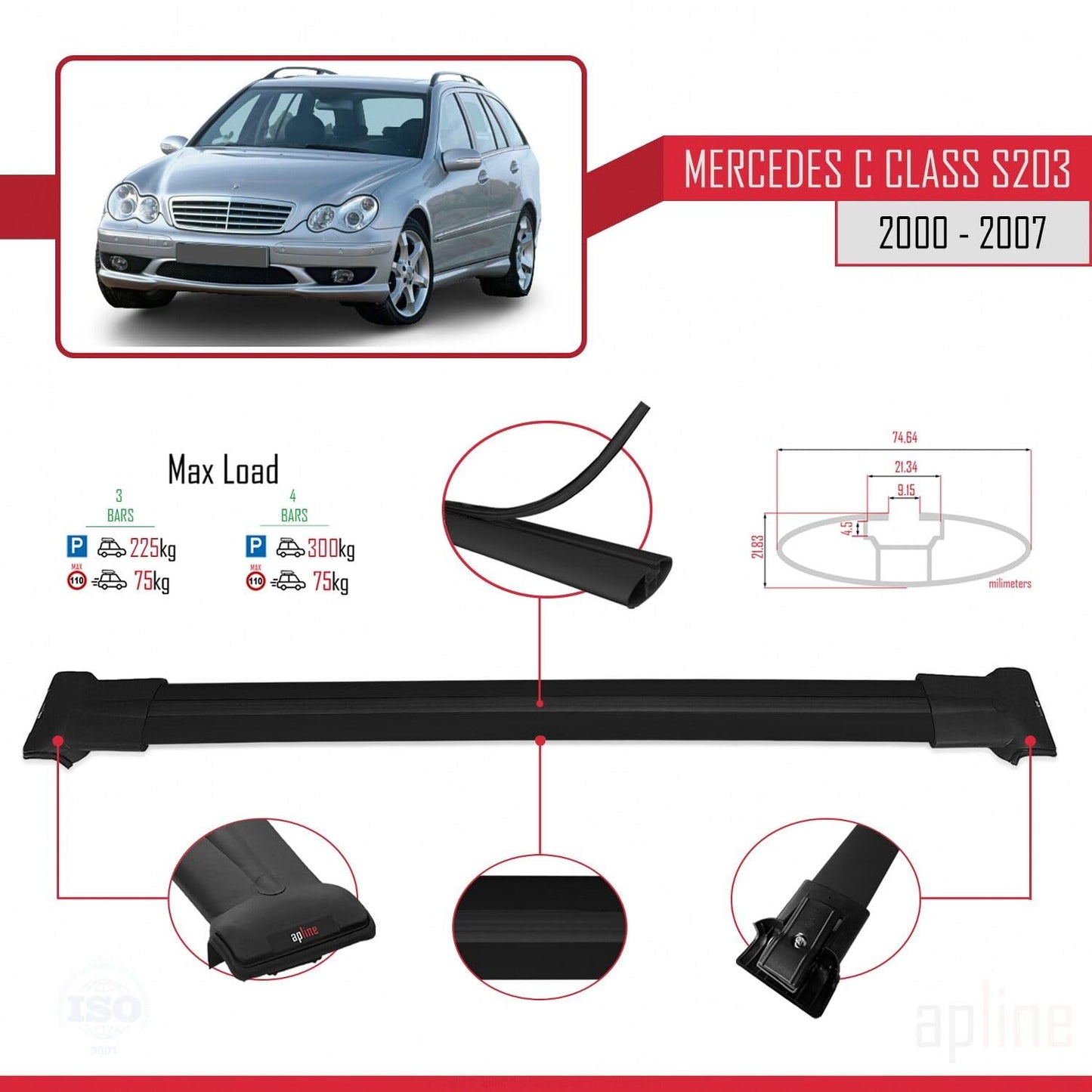 Compatible with Mercedes C Class 2 (S203) 2000-2007 Fly Model Car Roof Rack Cross Bar Black Aluminium 3 Bars