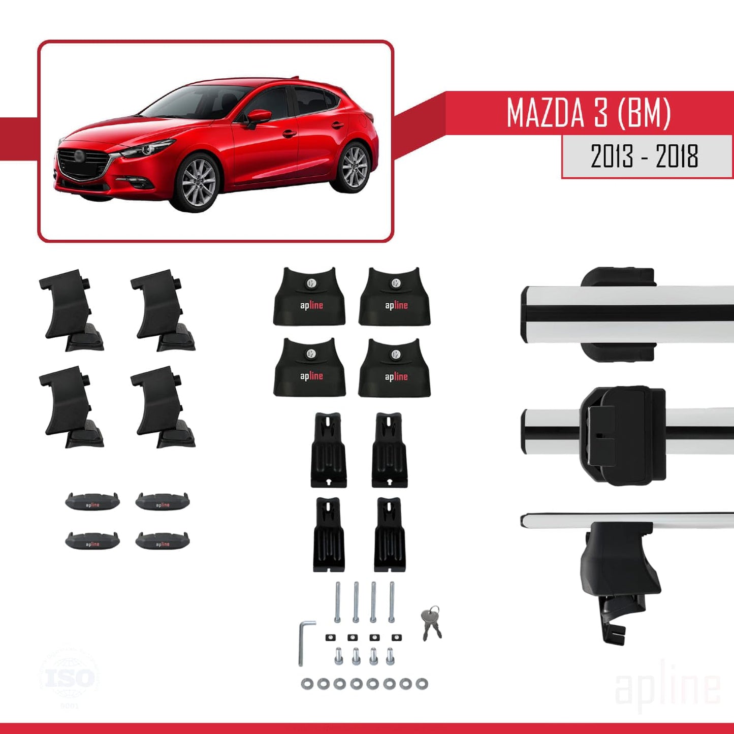 Compatible with Mazda 3 III (BM) 2013-2018 ACE-4 Car Roof Rack Cross Bar Grey Aluminium 2 Bars