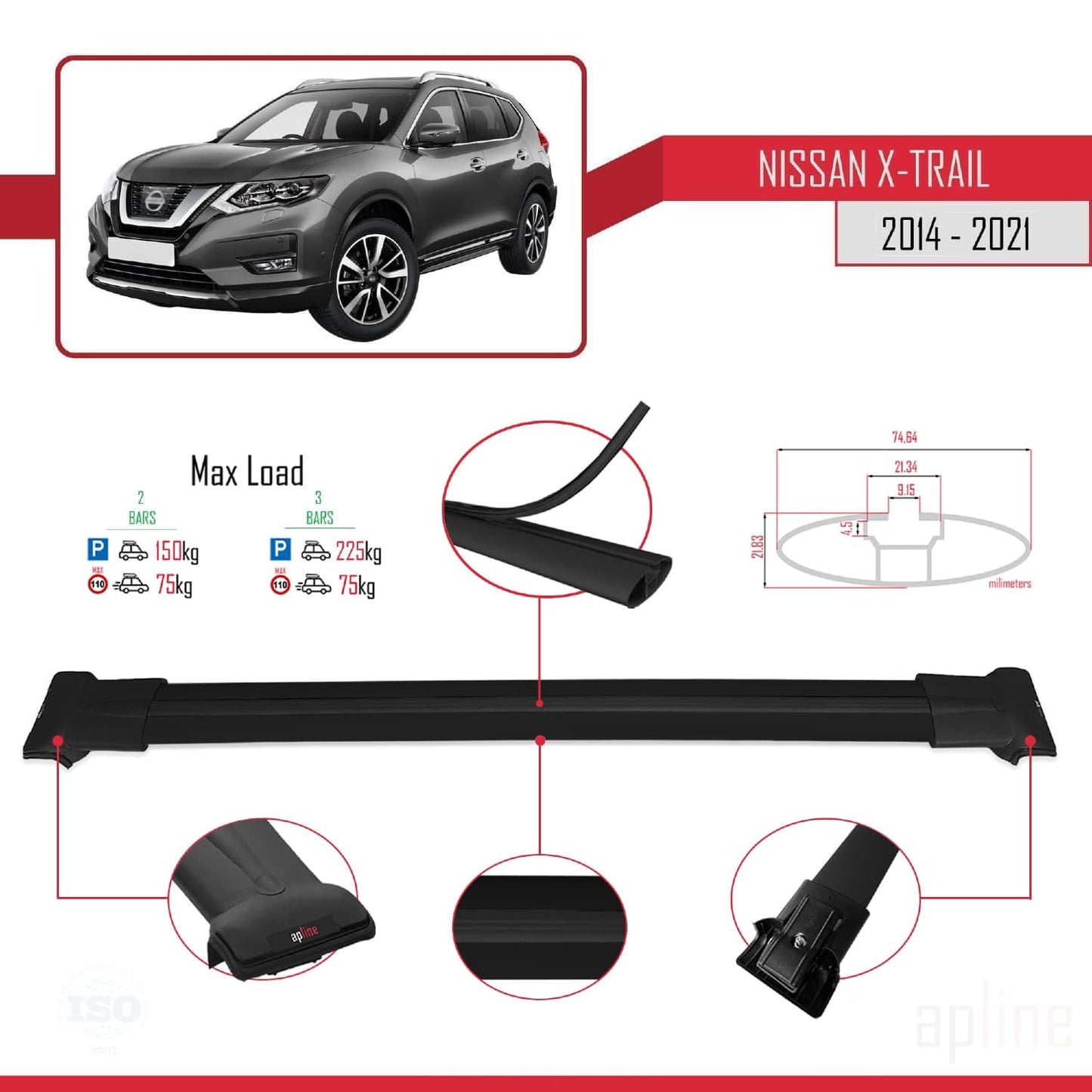 Compatible with Nissan X-Trail 3 (T32) 2014-2021 Fly Model Car Roof Rack Cross Bar Black Aluminium 2 Bars