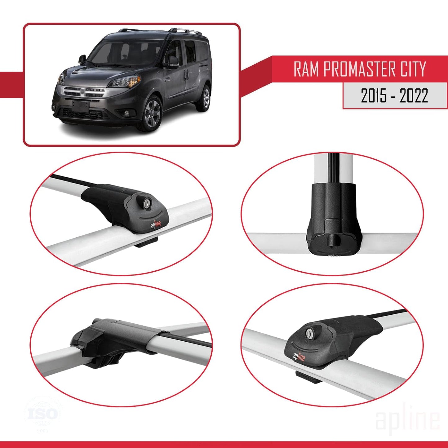 Compatible with Ram Promaster City (636) 2015-2022 ACE-1 Car Roof Rack Cross Bar Grey Aluminium 2 Bars