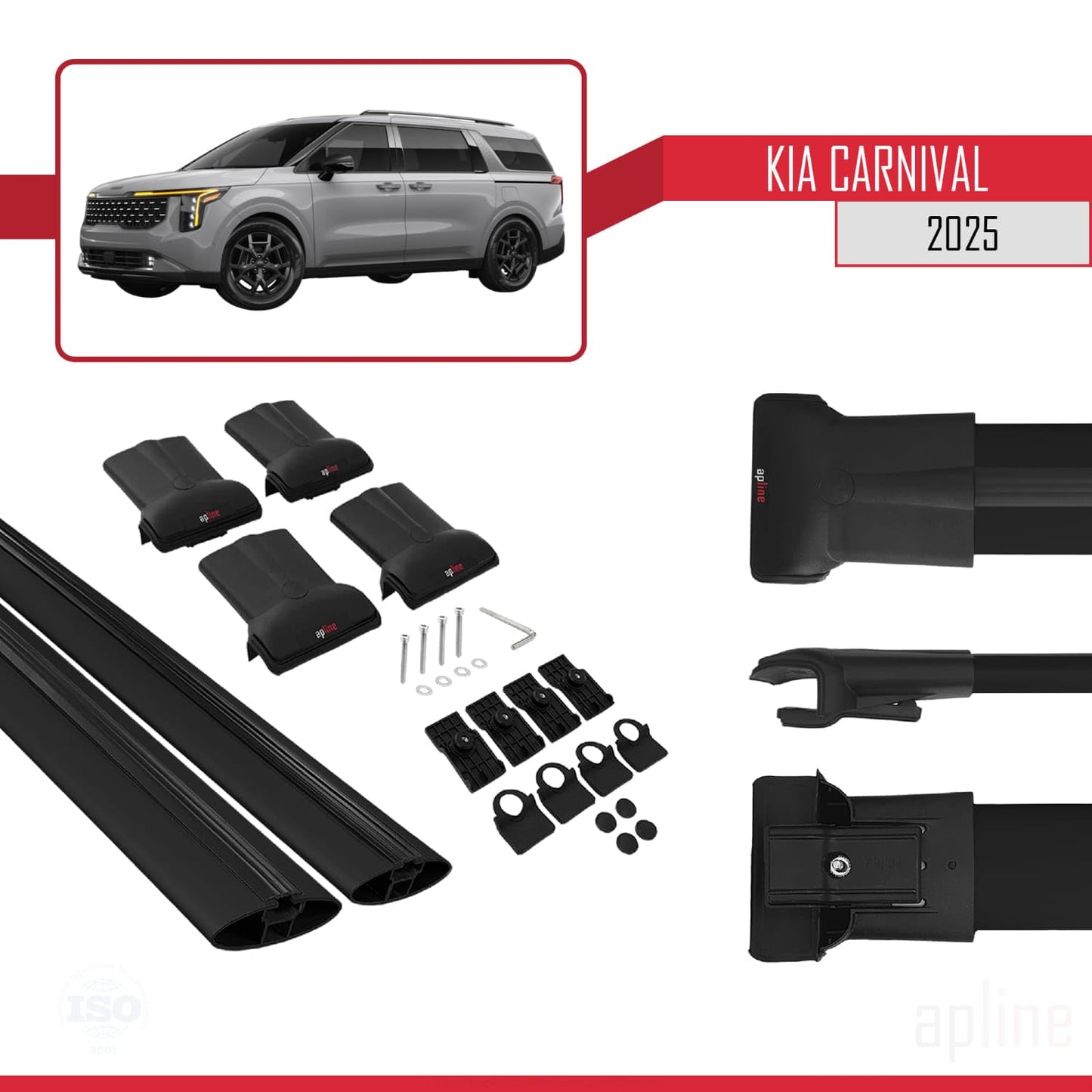 Compatible with Kia Carnival 2025 Fly Model Car Roof Rack Cross Bar Black Aluminium 2 Bars