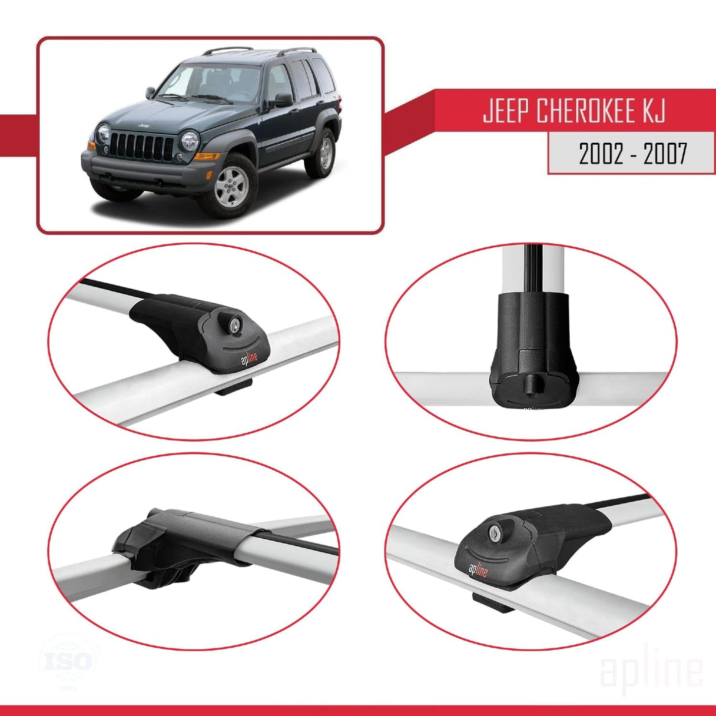 Compatible with Jeep Cherokee 3 (KJ) 2002-2007 ACE-1 Car Roof Rack Cross Bar Grey Aluminium 3 Bars