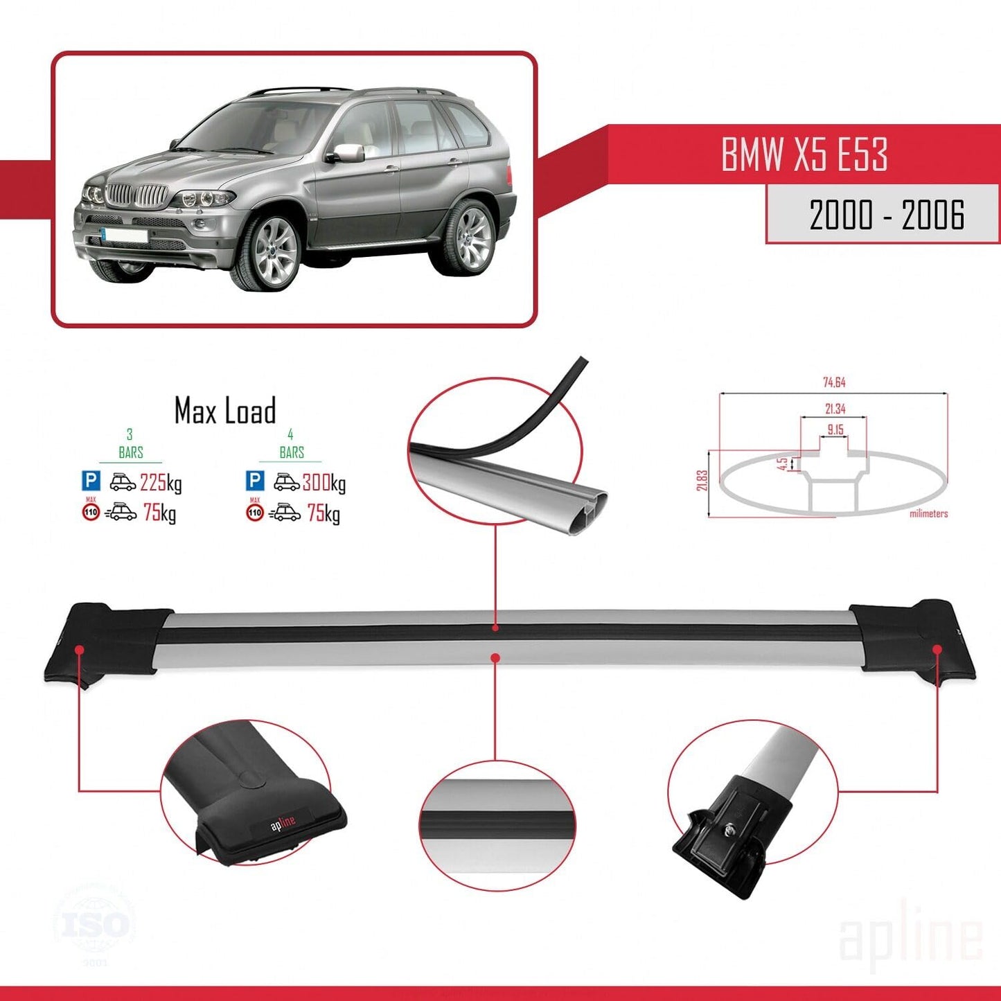 Compatible with BMW X5 (E53) 2000-2006 Fly Model Car Roof Rack Cross Bar Grey Aluminium 3 Bars