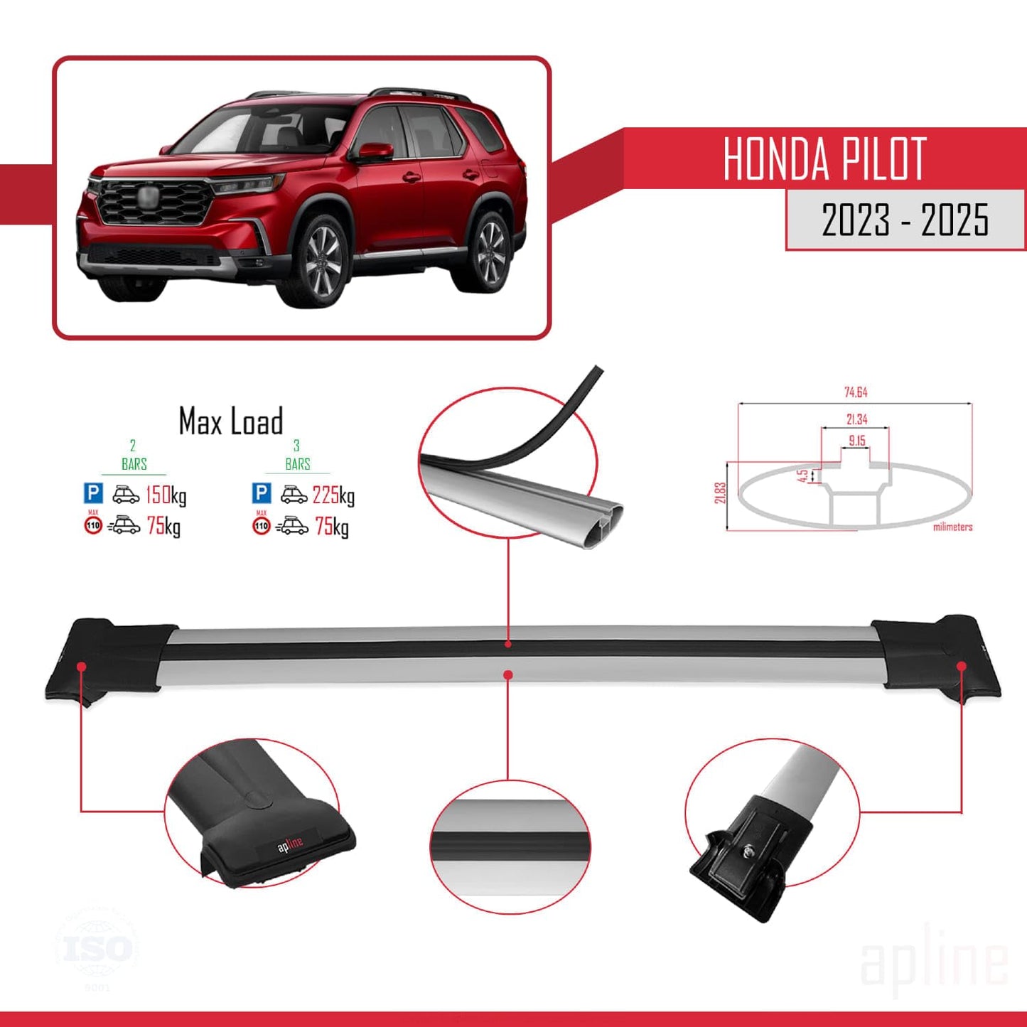 Compatible with Honda Pilot 2023-2025 Fly Model Car Roof Rack Cross Bar Grey Aluminium 2 Bars