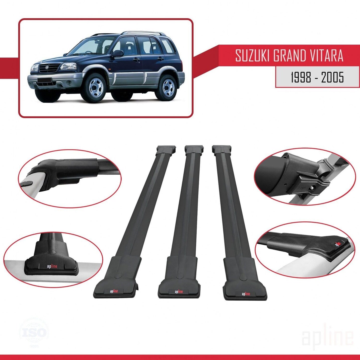 Compatible with Suzuki Grand Vitara (FT) 1998-2005 Fly Model Car Roof Rack Cross Bar Black Aluminium 3 Bars