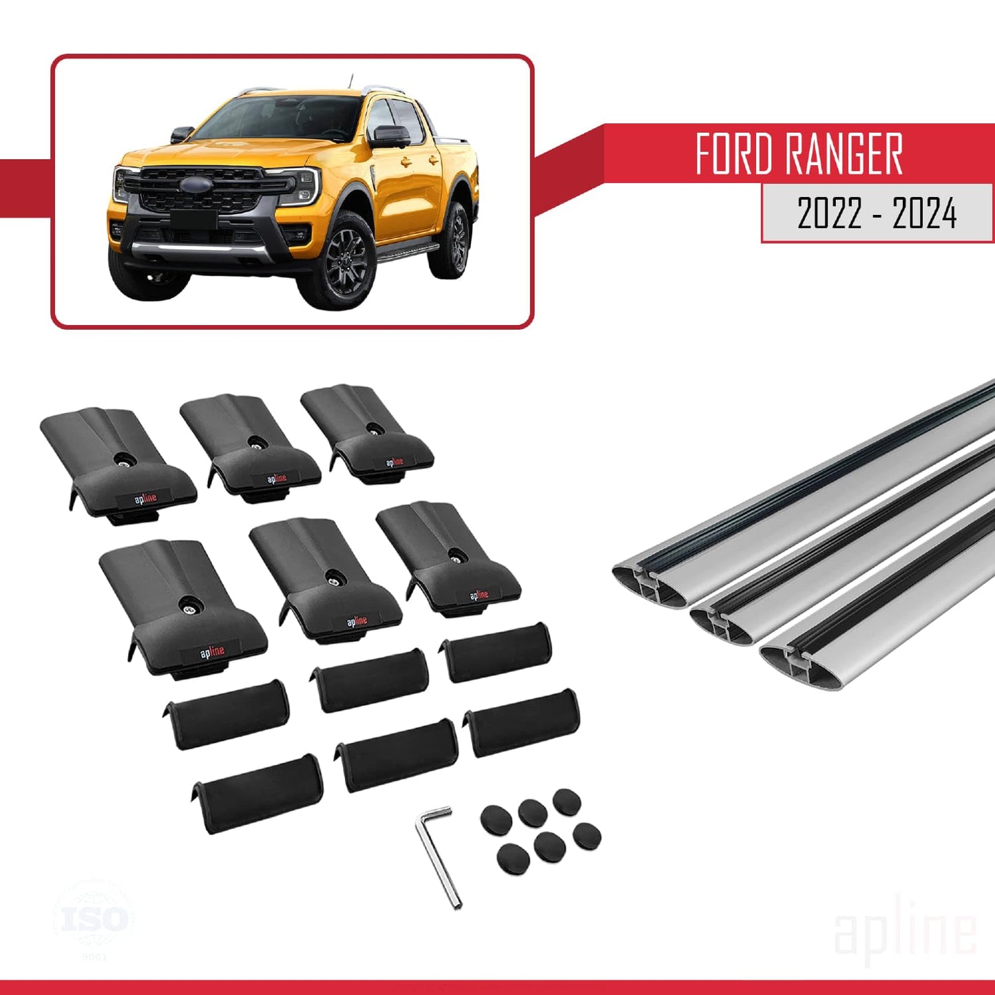 Compatible with Ford Ranger (P703) 2022-2024 Fly Model Car Roof Rack Cross Bar Grey Aluminium 3 Bars