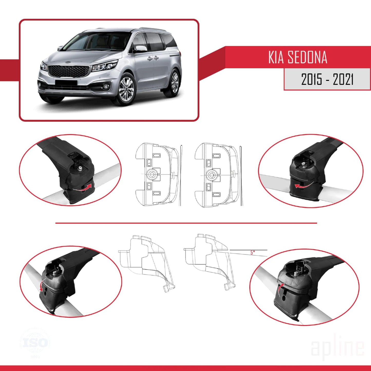 Compatible with Kia Sedona 3 (YP) 2015-2021 ACE-2 Car Roof Rack Cross Bar Black Aluminium 3 Bars