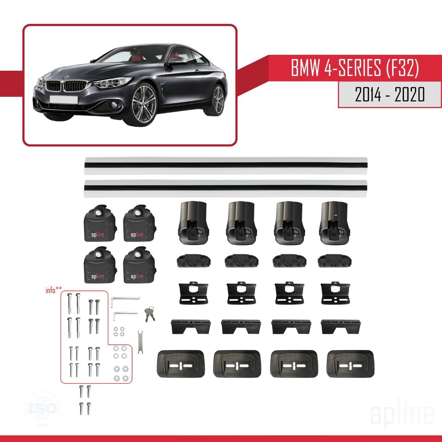 Compatible with BMW 4 Series (F32) 2014-2020 ACE-3 Car Roof Rack Cross Bar Grey Aluminium 2 Bars