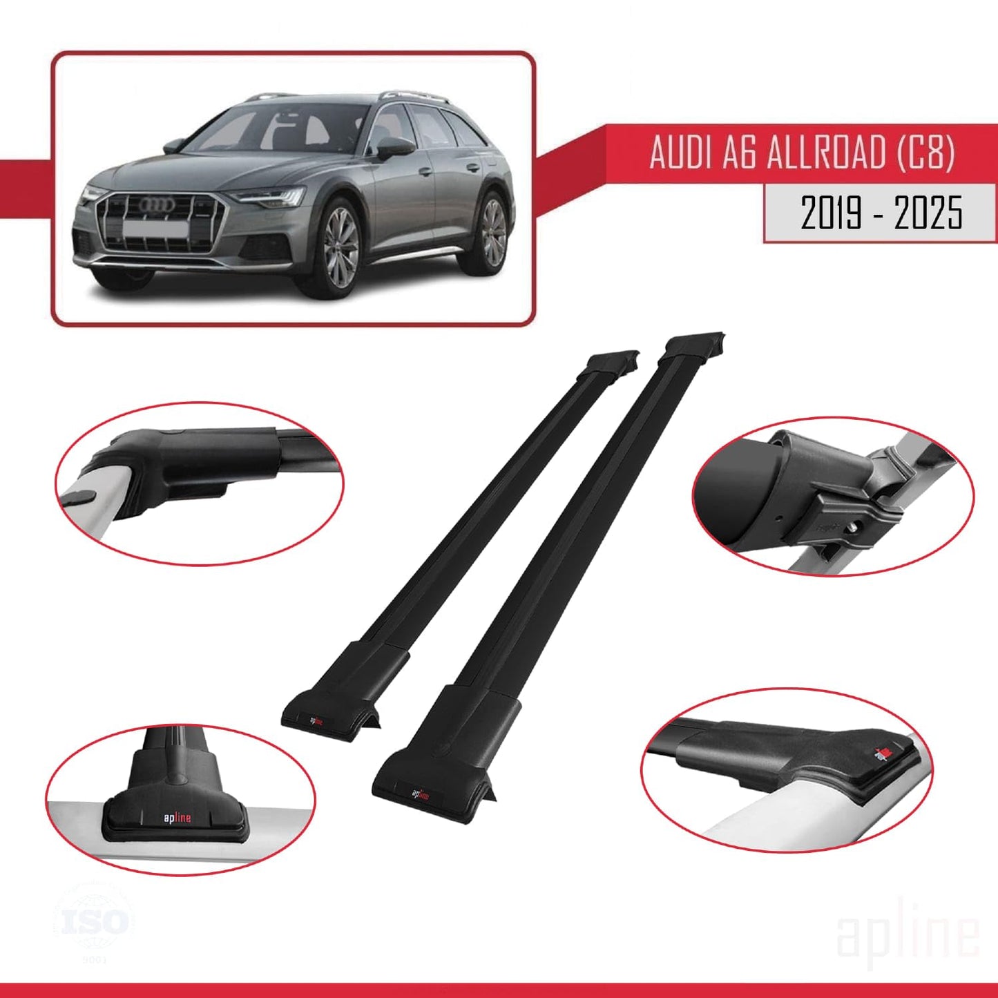 Compatible with Audi A6 (C8) Allroad 2019-2025 Fly Model Car Roof Rack Cross Bar Black Aluminium 2 Bars