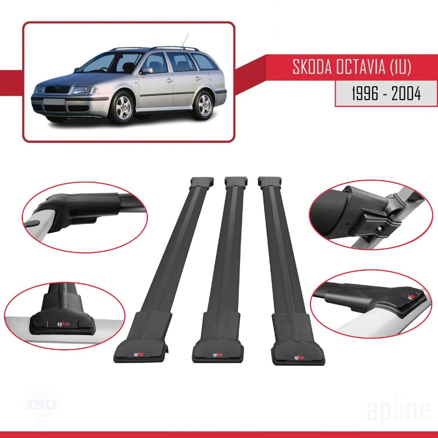 Compatible with Skoda Octavia (1U) 1996-2004 Fly Model Car Roof Rack Cross Bar Black Aluminium 3 Bars