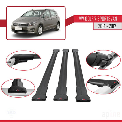 Compatible with Volkswagen Golf Sportvan 2014-2017 Fly Model Car Roof Rack Cross Bar Black Aluminium 3 Bars