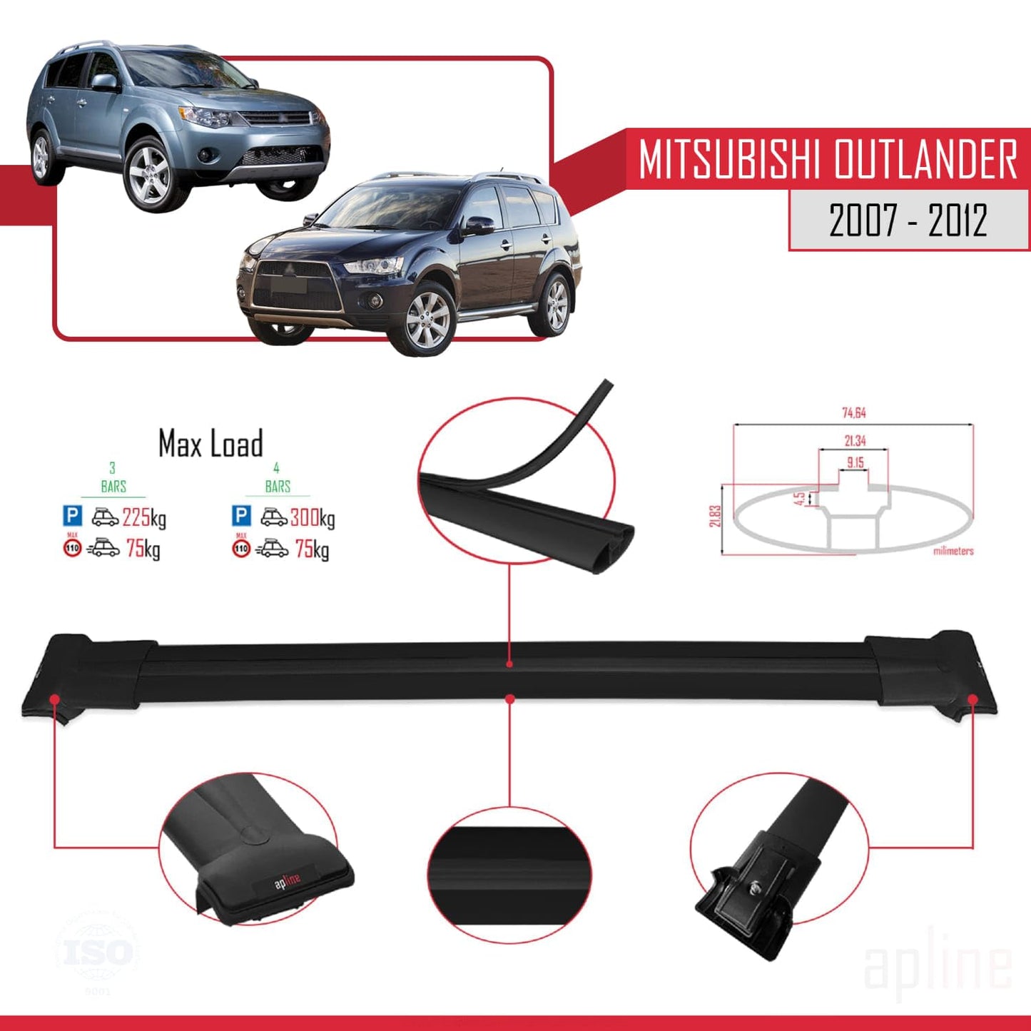 Compatible with Mitsubishi Outlander 2 2007-2012 Fly Model Car Roof Rack Cross Bar Black Aluminium 3 Bars