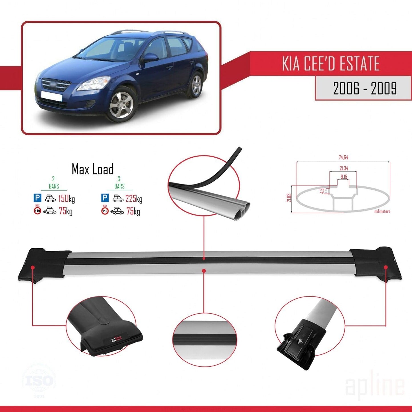 Compatible with Kia Ceed (ED) SW Pre-Facelift 2006-2009 Fly Model Car Roof Rack Cross Bar Grey Aluminium 2 Bars
