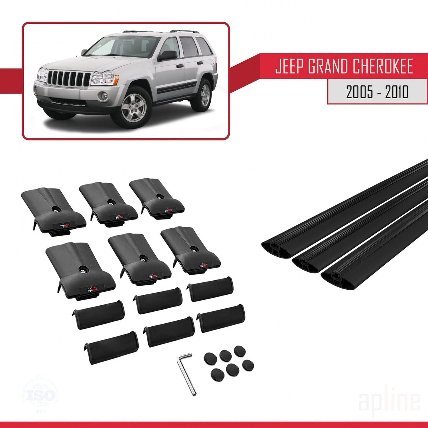 Compatible with Jeep Grand Cherokee 3 (WK) 2005-2010 Fly Model Car Roof Rack Cross Bar Black Aluminium 3 Bars