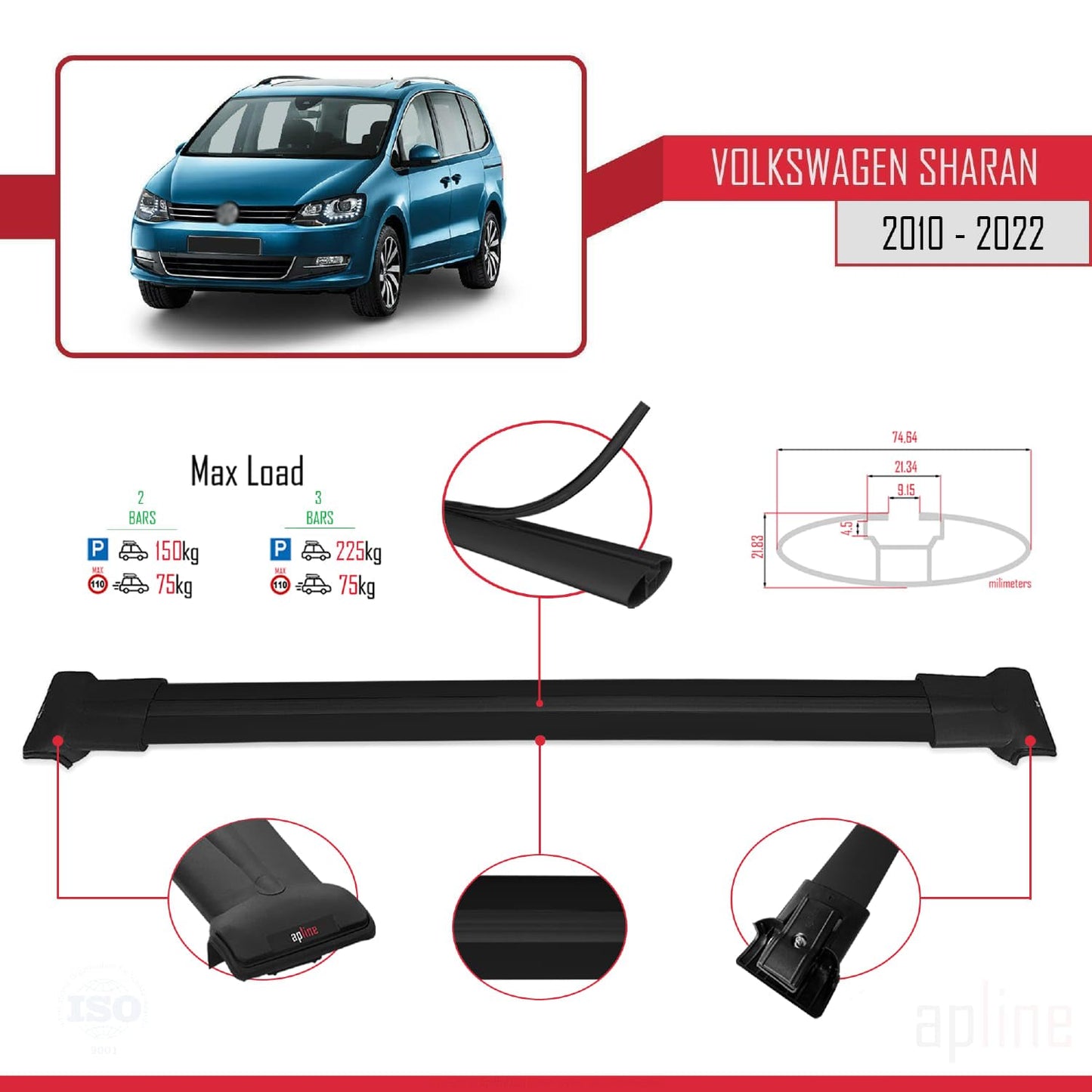 Compatible with Volkswagen Sharan 2 (7N) 2010-2022 Fly Model Car Roof Rack Cross Bar Black Aluminium 2 Bars