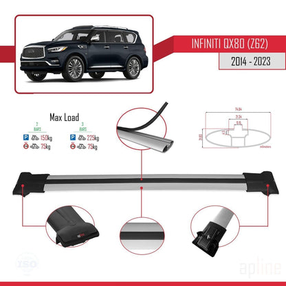 Compatible with Infiniti QX80 (Z62) 2014-2023 Fly Model Car Roof Rack Cross Bar Grey Aluminium 2 Bars