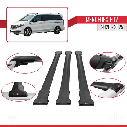 Compatible with Mercedes EQV (W447) 2020-2025 Fly Model Car Roof Rack Cross Bar Black Aluminium 3 Bars