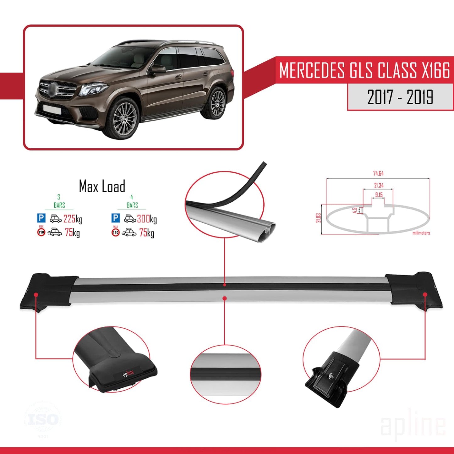 Compatible with Mercedes GLS Class X166 2017-2019 Fly Model Car Roof Rack Cross Bar Grey Aluminium 3 Bars