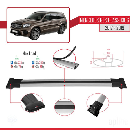 Compatible with Mercedes GLS Class X166 2017-2019 Fly Model Car Roof Rack Cross Bar Grey Aluminium 3 Bars