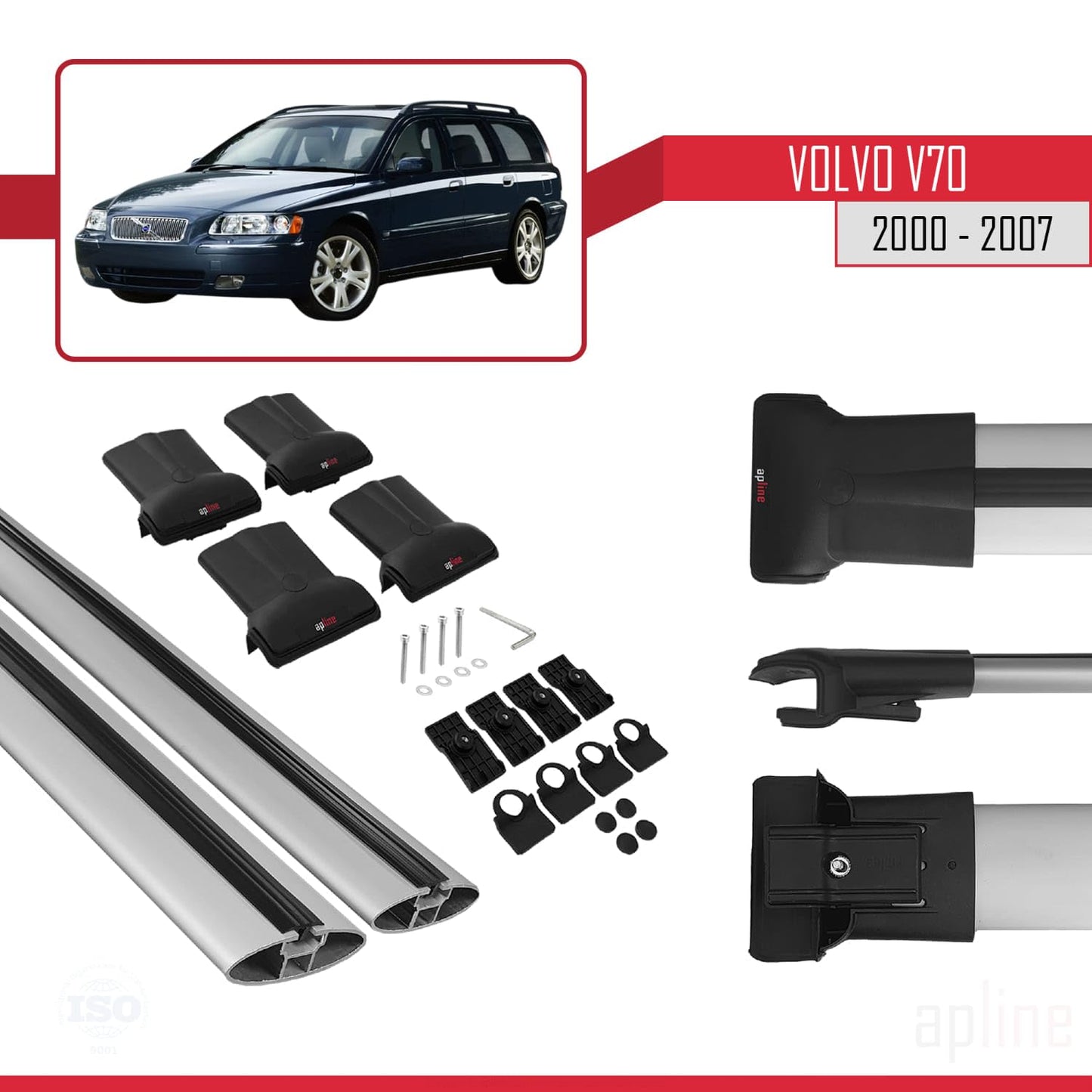 Compatible with Volvo V70 2000-2007 Fly Model Car Roof Rack Cross Bar Grey Aluminium 2 Bars