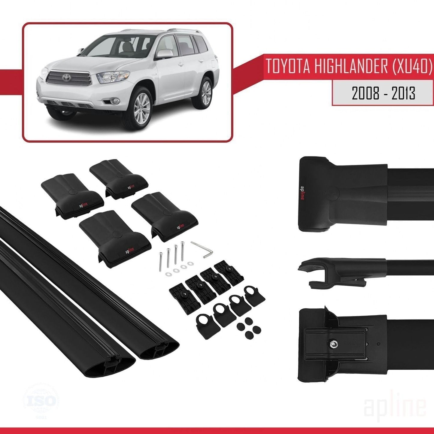 Compatible with Toyota Highlander (XU40) 2008-2013 Fly Model Car Roof Rack Cross Bar Black Aluminium 2 Bars