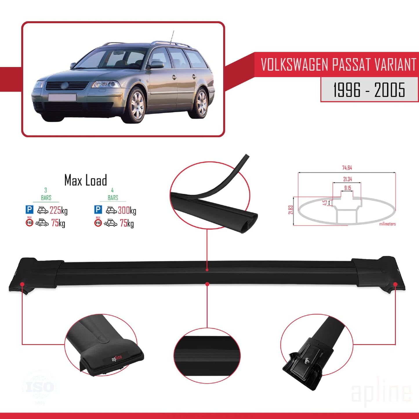 Compatible with VW Passat B5 Variant 1996-2005 Fly Model Car Roof Rack Cross Bar Black Aluminium 3 Bars