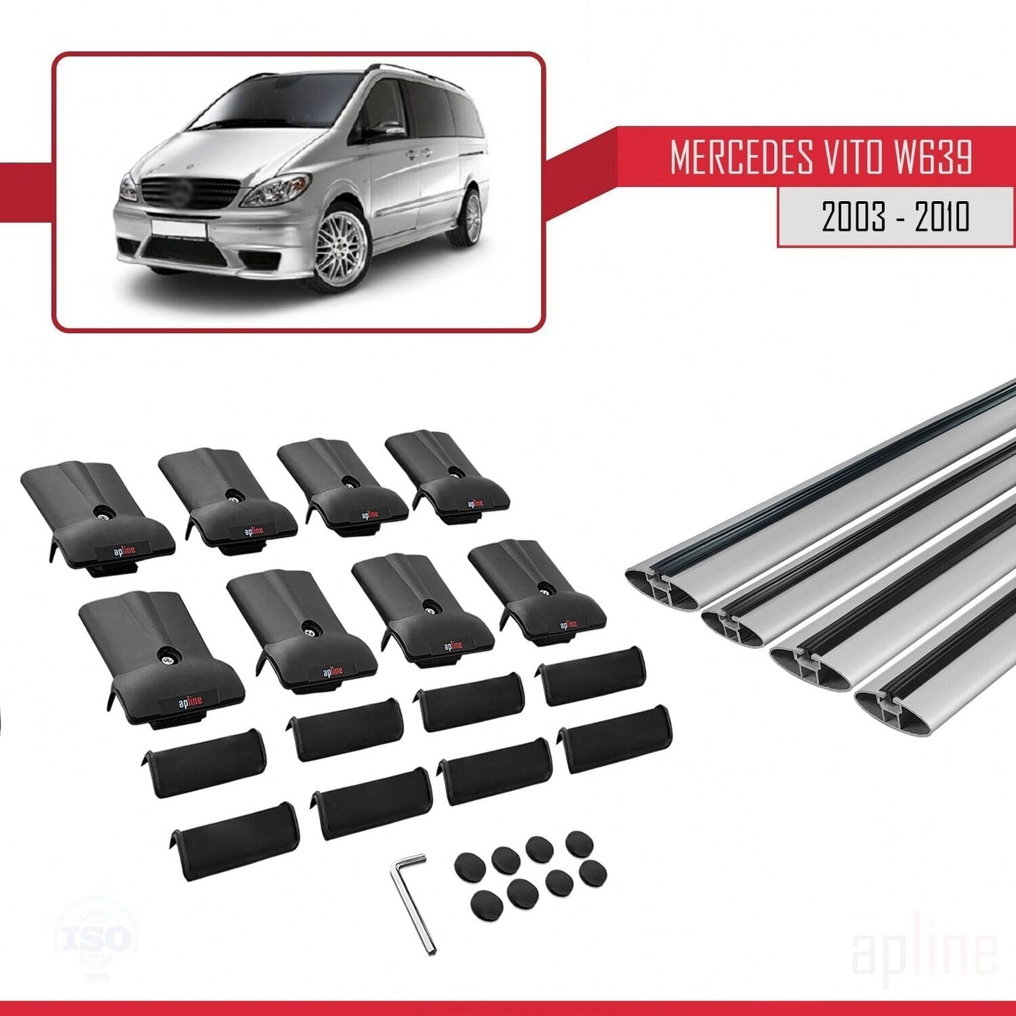 Compatible with Mercedes Vito 2 (W639) Pre-Facelift 2003-2010 Fly Model Car Roof Rack Cross Bar Grey Aluminium 4 Bars