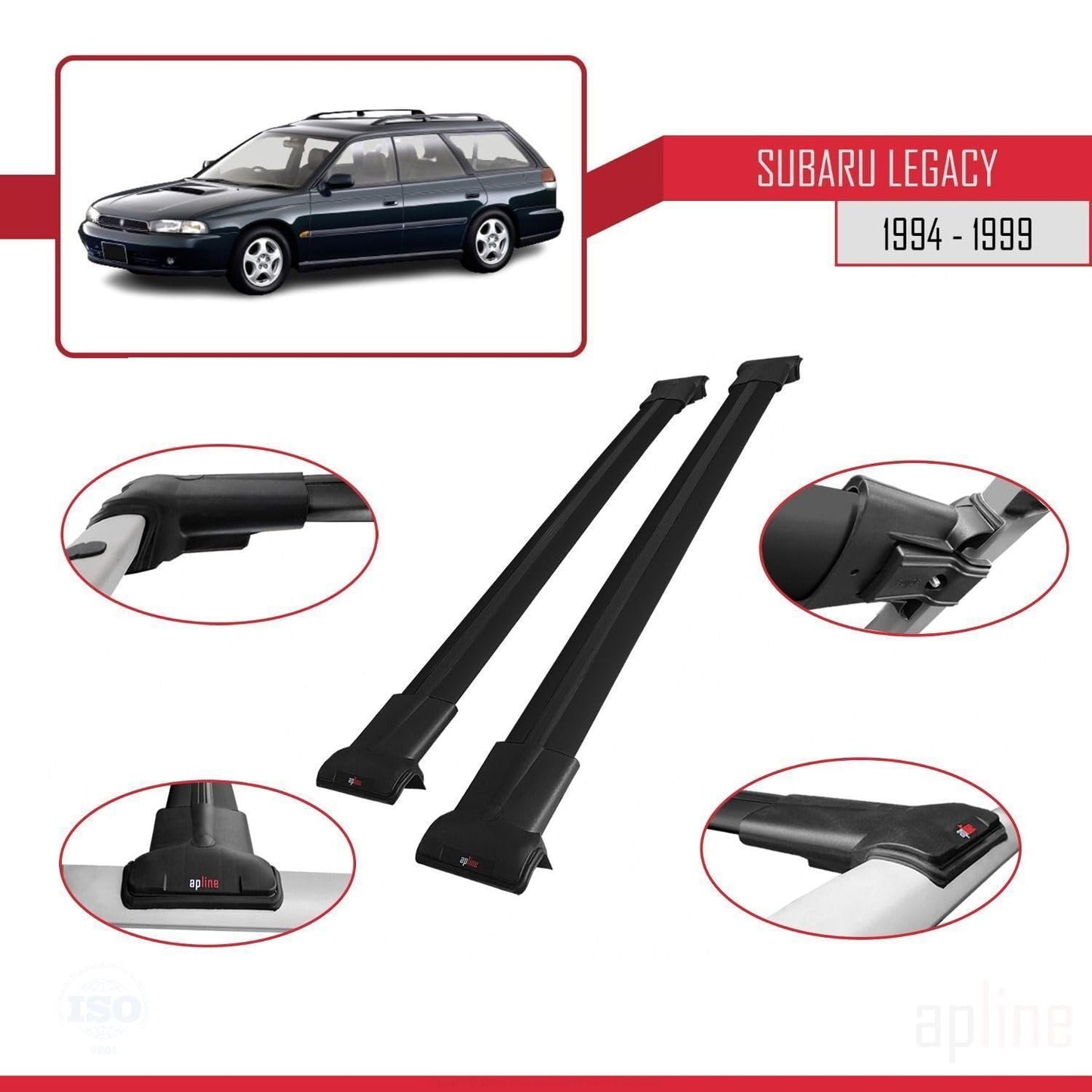 Compatible with Subaru Legacy 2 (BD) 1994-1999 Fly Model Car Roof Rack Cross Bar Black Aluminium 2 Bars