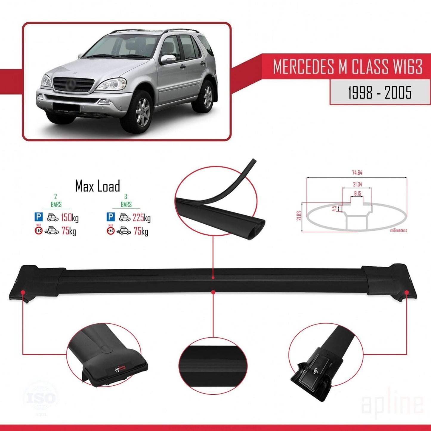 Compatible with Mercedes M Class (W163) 1998-2005 Fly Model Car Roof Rack Cross Bar Black Aluminium 2 Bars