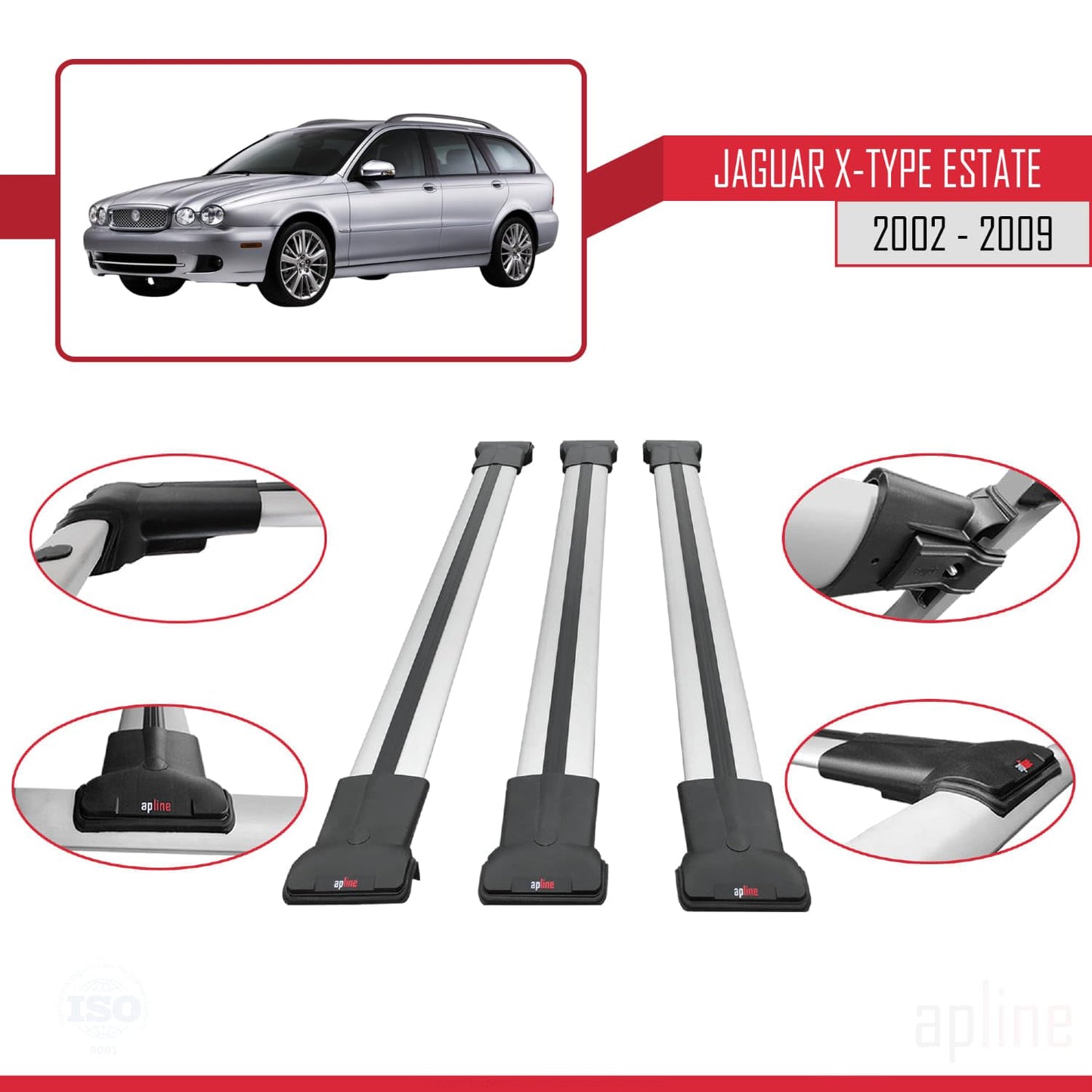 Compatible with Jaguar X-Type Estate 2002-2009 Fly Model Car Roof Rack Cross Bar Grey Aluminium 3 Bars